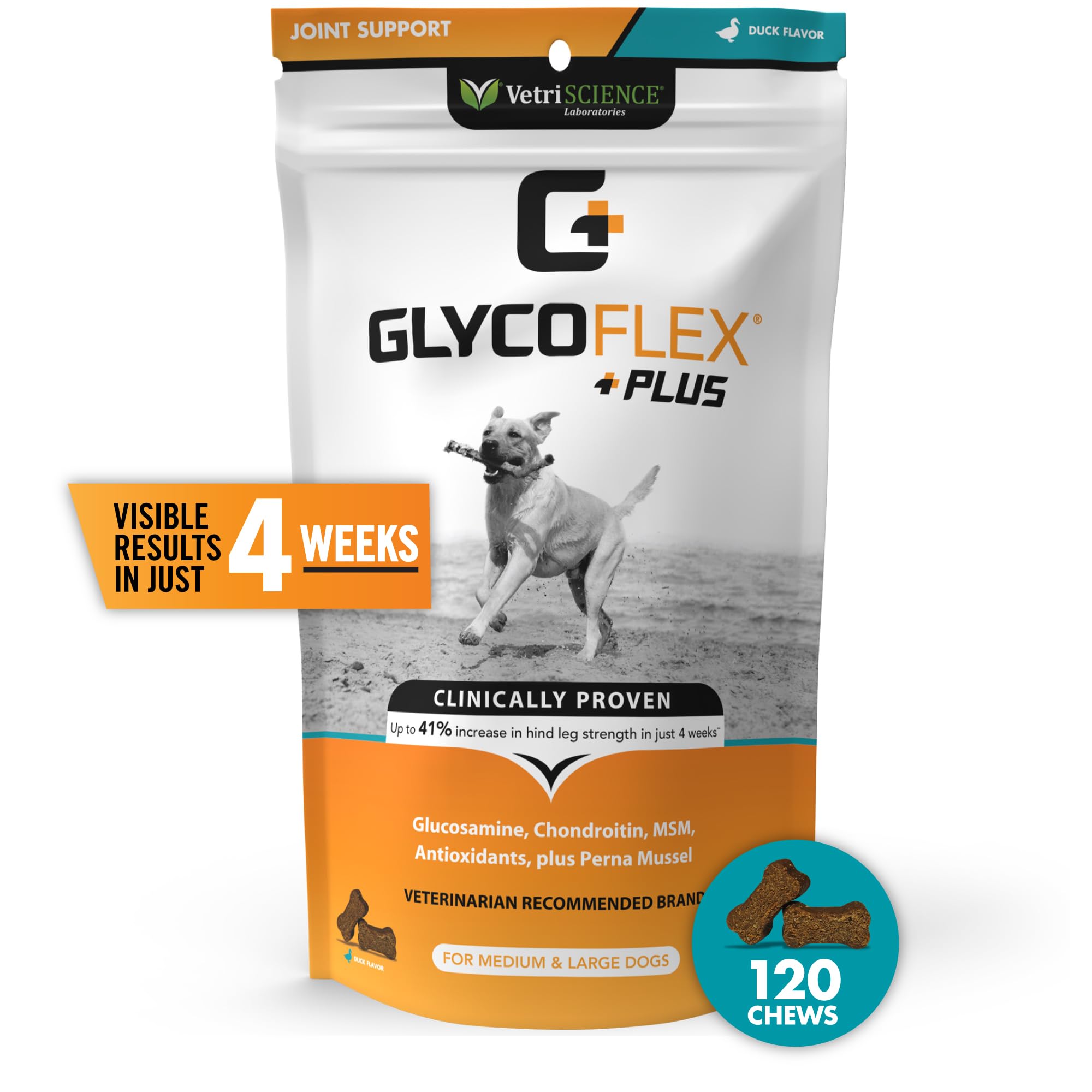 VETRISCIENCE GlycoFlex Plus Joint Support Chews for Dogs - Extra-Strength, 120 Count, with Green Lipped Mussel, Chondroitin, Glucosamine