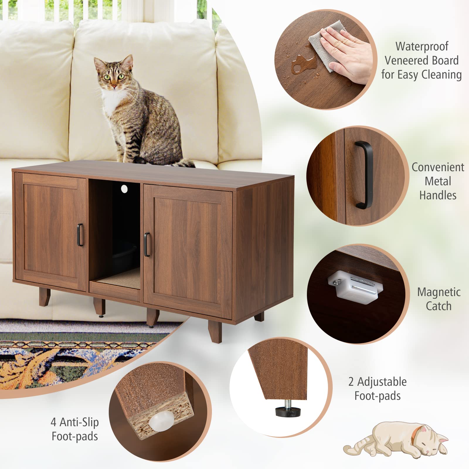 Petsite Cat Litter Box Enclosure Furniture For 2 Cats, Large Litter Box Cabinet With Scratching Board, And Adjustable Foot Pads, Indoor Cat House Tv Stand Side Table, Double Hidden Litter Box