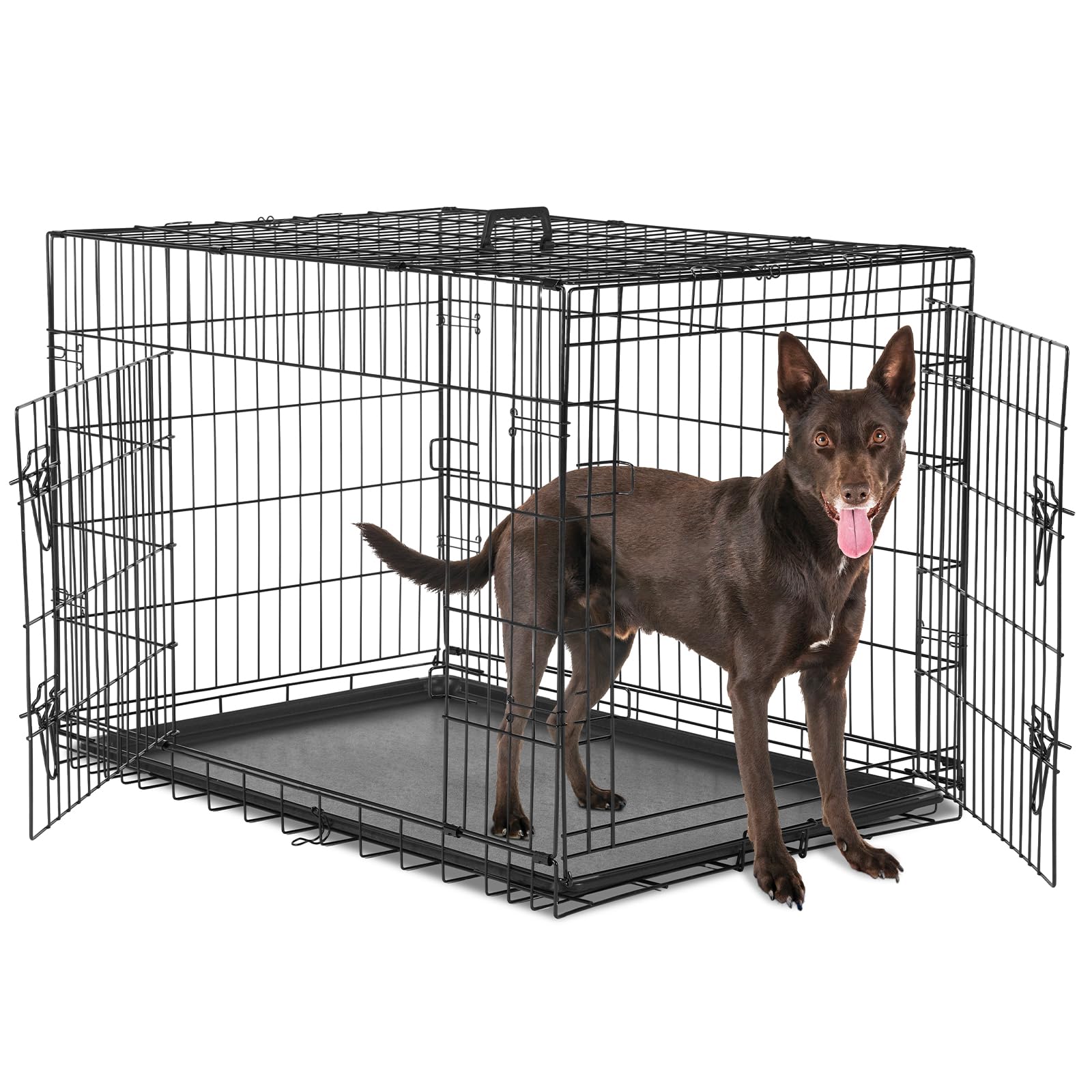 Sweetcrispy Large Dog Crate With Divider Panel, 36 Inch Double Door Folding Metal Wire Dog Cage With Plastic Leak-Proof Pan Tray