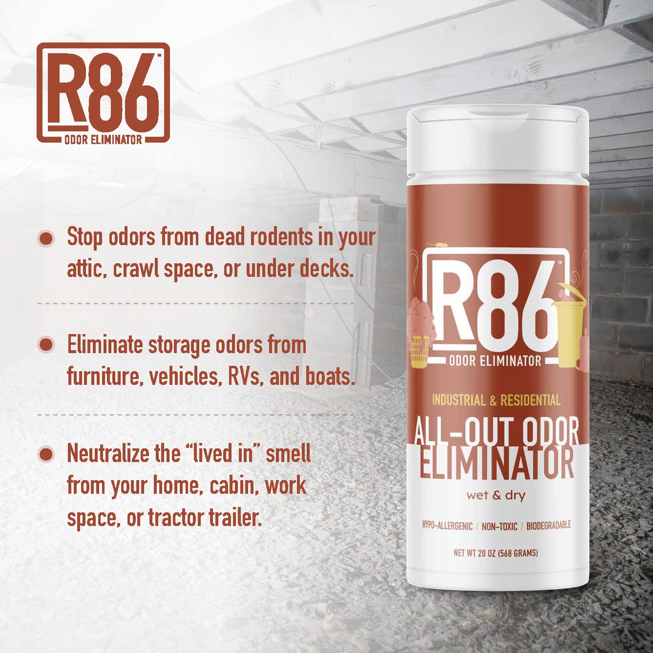 R86 Industrial All-Out Odor Eliminator, Removes Dead Animal Odor, Skunk Odor, Urine, Poop, Musty Basement & More – Natural Formula, Use Wet Or Dry, Biodegradable