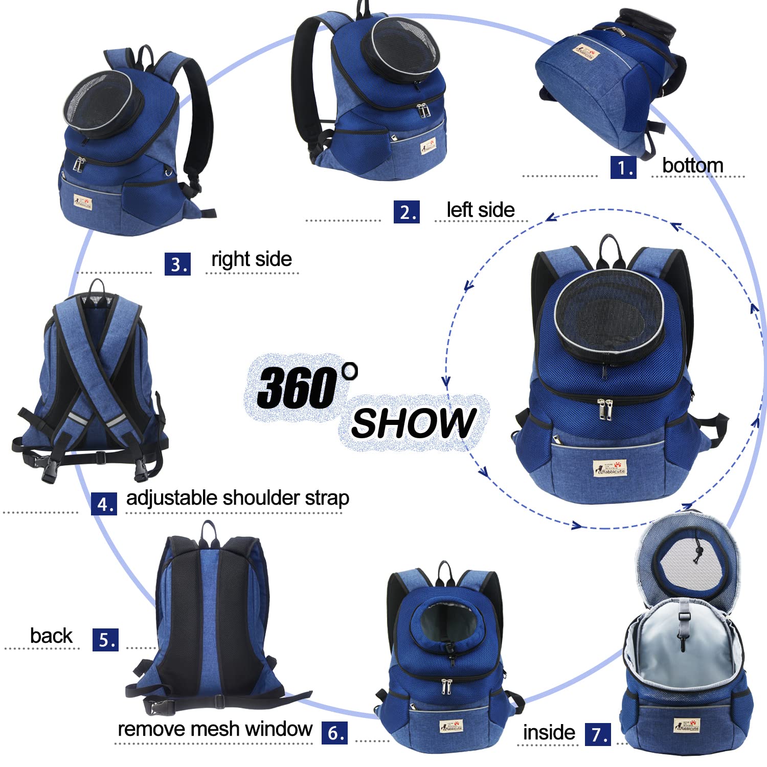 Rabbicute Pet Dog Carrier Backpack Adjustable Breathable Front Pack Head Out Removable Design Puppy Cat Dog Backpack For Small Dogs Cats Padded Shoulder Bag For Travelling Hiking Camping Outdoor Trip