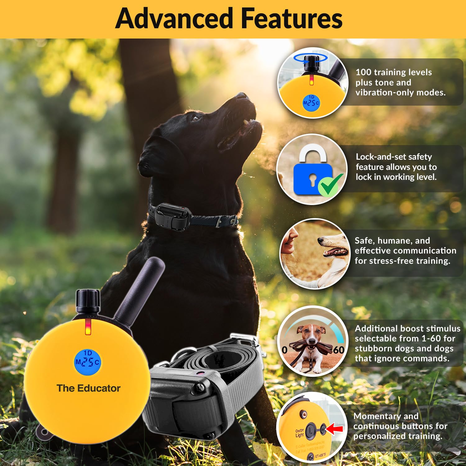 Educator E-Collar Humane Dog Training Collar With Remote, Features 100 Levels Of Safe Stimulation, Tapping Sensation, Night Light, Waterproof, Rechargeable, 3/4 Mile 1 Dog, Yellow