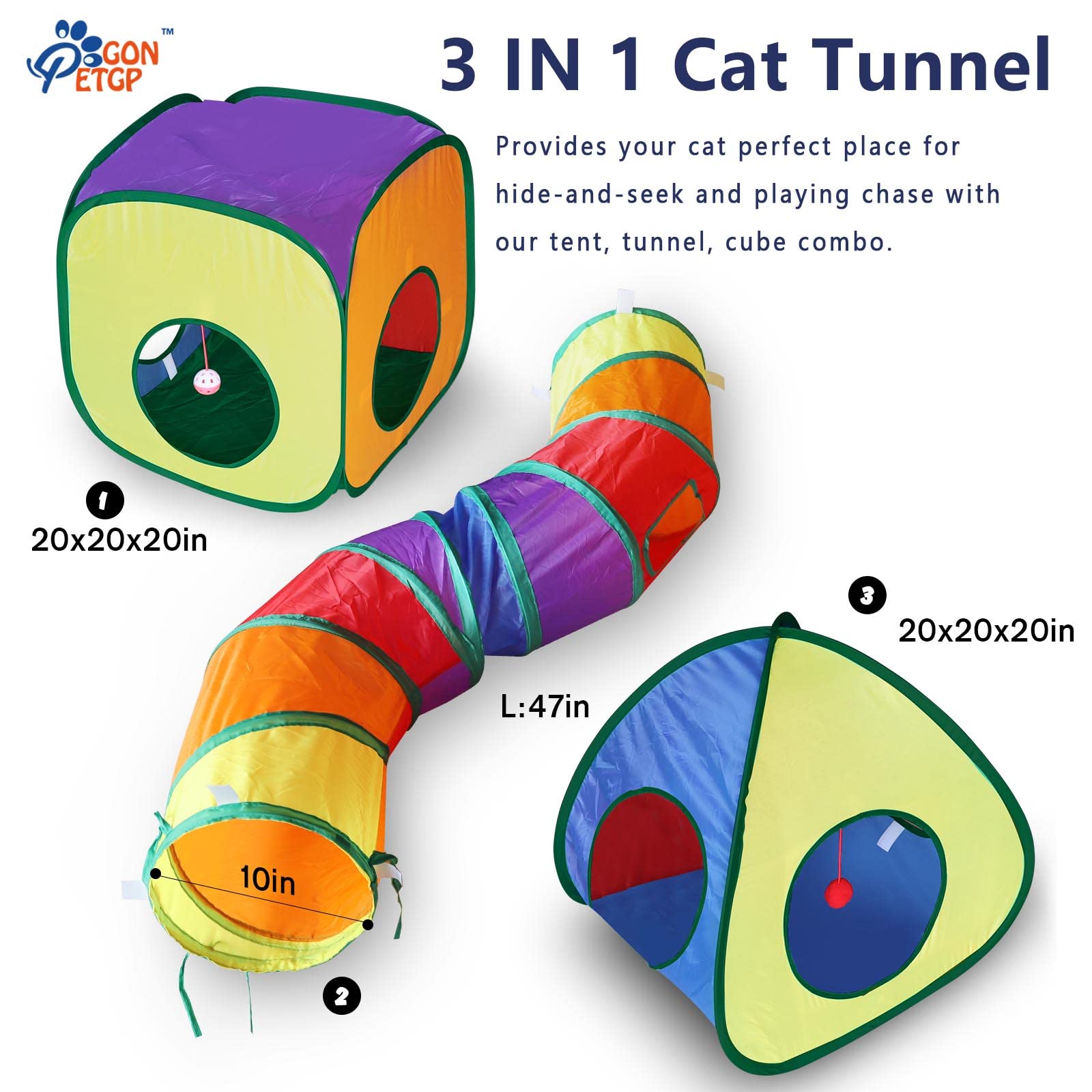 Gonpetgp Cat Tunnel Toy And Cubes Combo, Cat Tunnels For Indoor Cats With Play Ball, Interactive Crinkle Collapsible Tent And Cubes, Cat Tube For Puppy Pet Rabbit - All In One Set Of 3