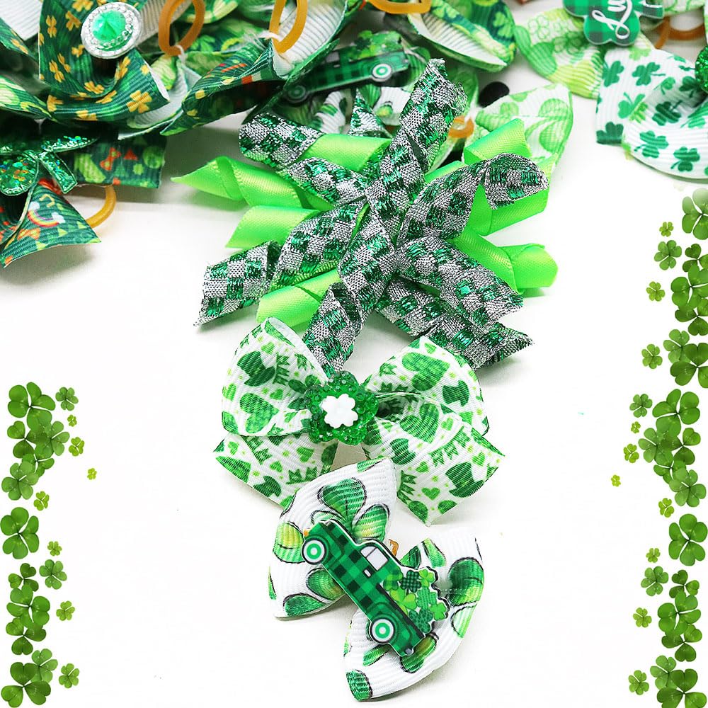 Senniea 60Pcs St. Patrick'S Day Pet Dog Bow And Flower Bow Set Bowknot Dog Hair Bows With Rubber Bands For Festive Fun, Shamrock
