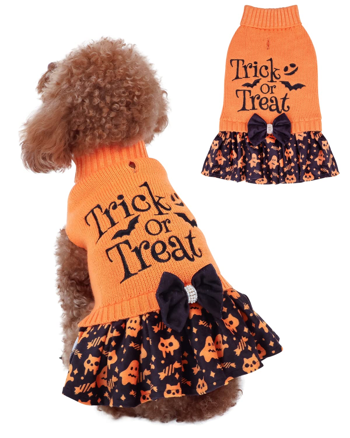 Cutebone Halloween Dog Sweater Dress Trick Or Treat Knit Turtleneck Puppy Sweater With Bowtie Harness Hole Pullover Winter Dress