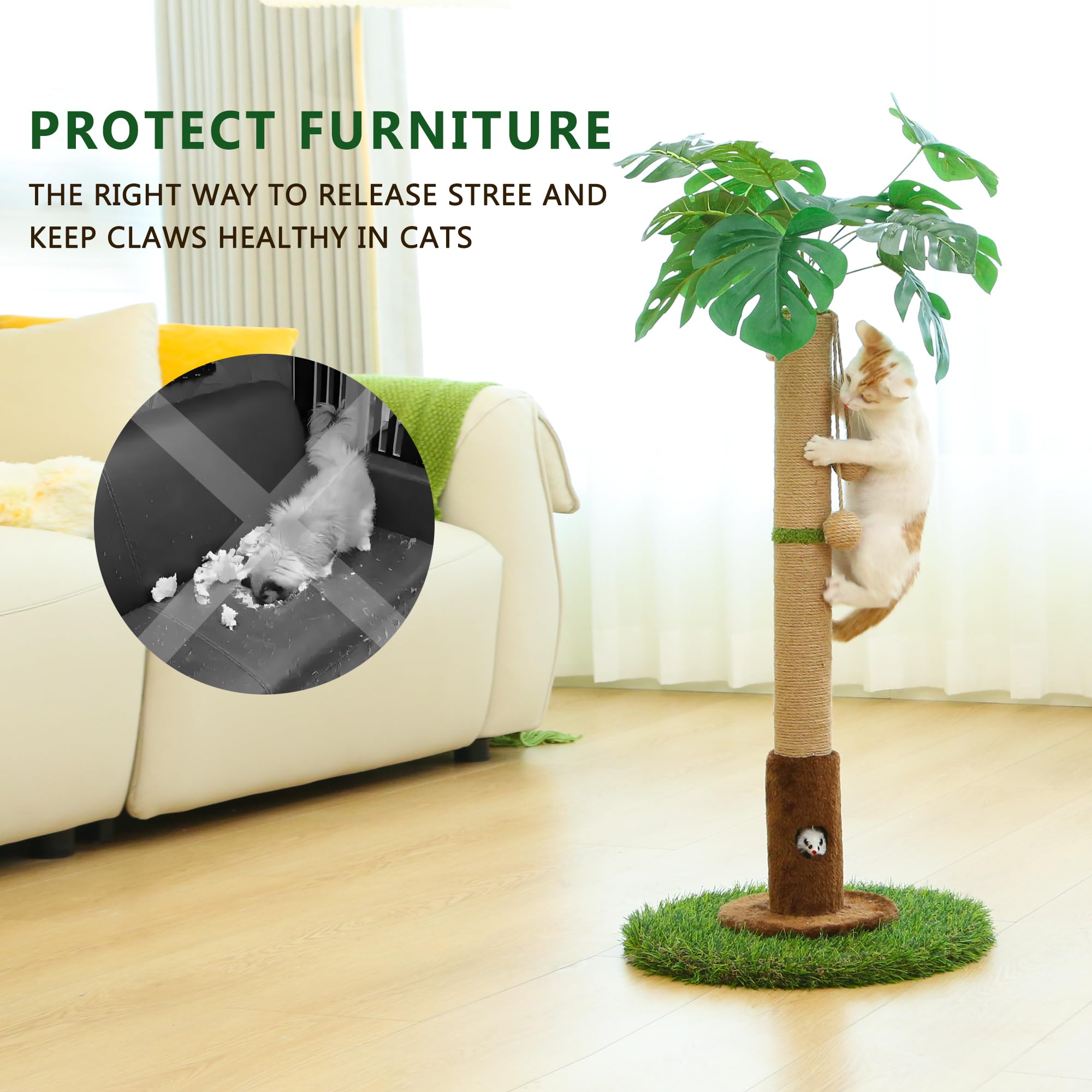 Woochpet Cat Scratching Post For Indoor Cats And Kitten - 35.43'' Tall Cat Scratching Post With Sisal Rope,Palm Tree Cat Scratch