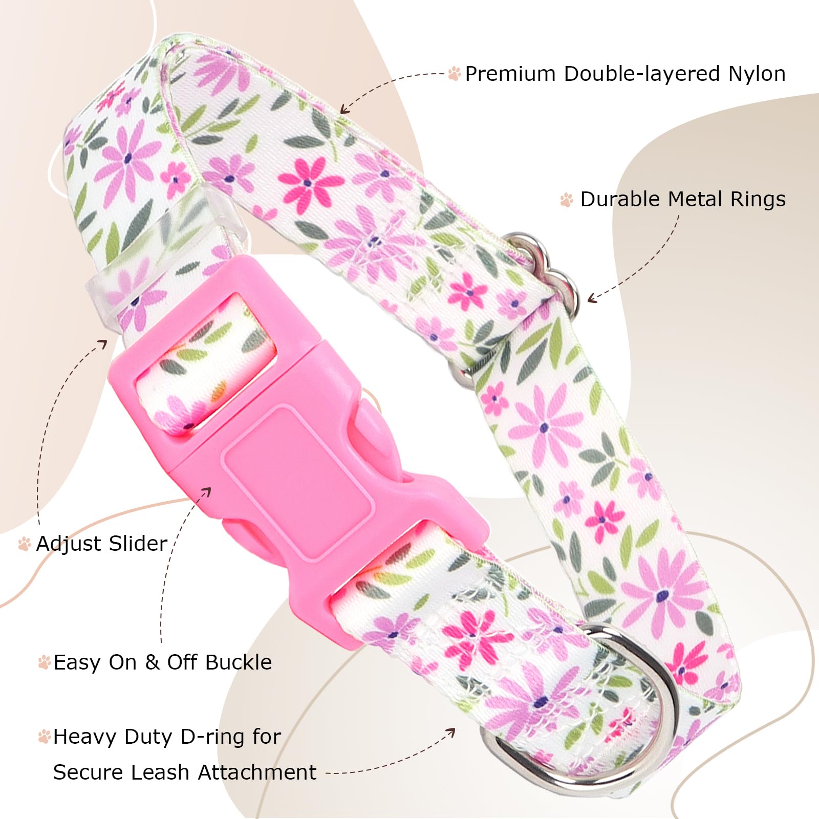 Dog Collars For Medium Dogs, Dog Collar With Flowers Patterns, Adjustable Comfy Soft Pet Collar For Small Medium Large Dogs (Flo