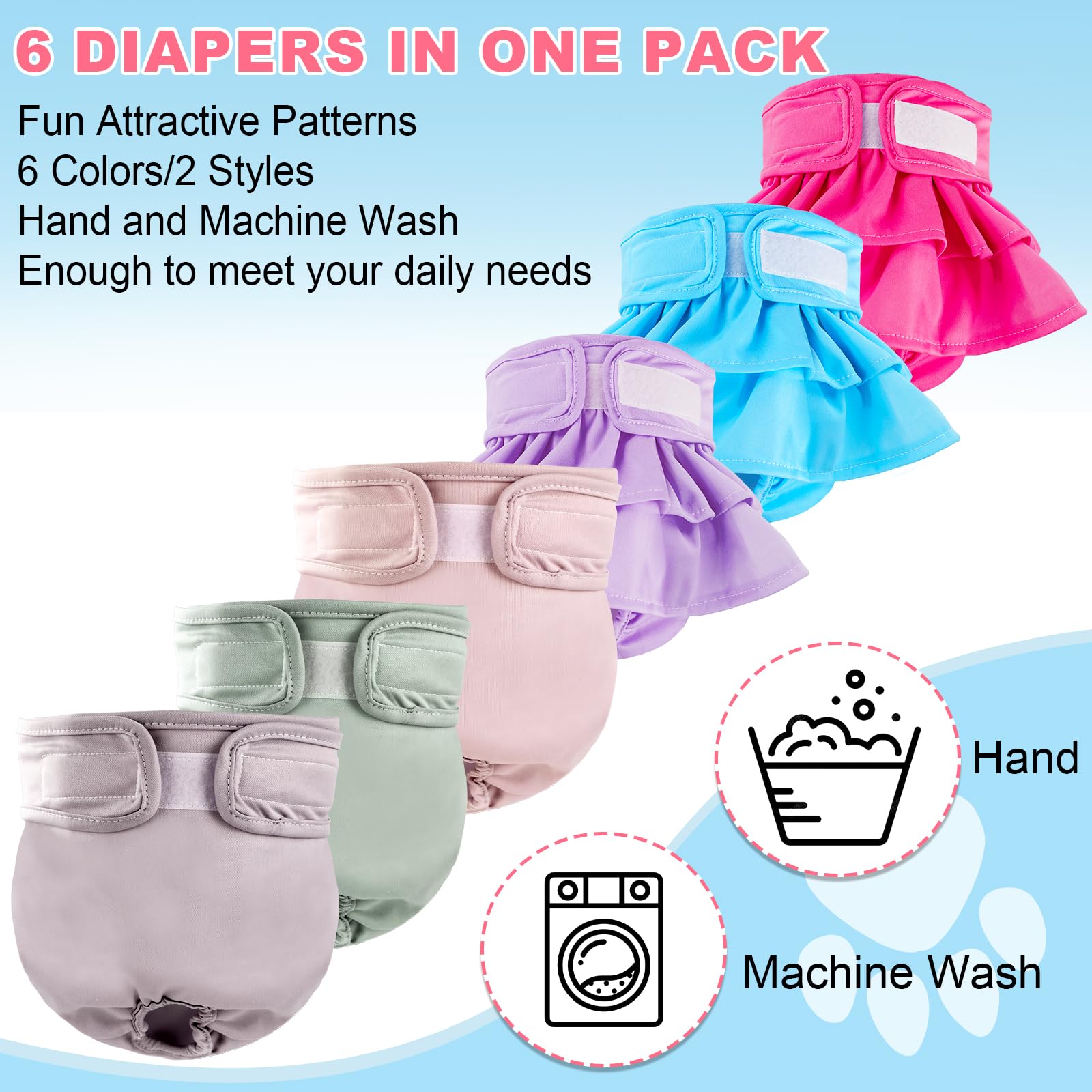 Xpcare 6 Pack Washable Female Dog Diapers - Reusable, Highly Absorbent, Leak-Proof Puppy Diapers For Female Dog (Xs)