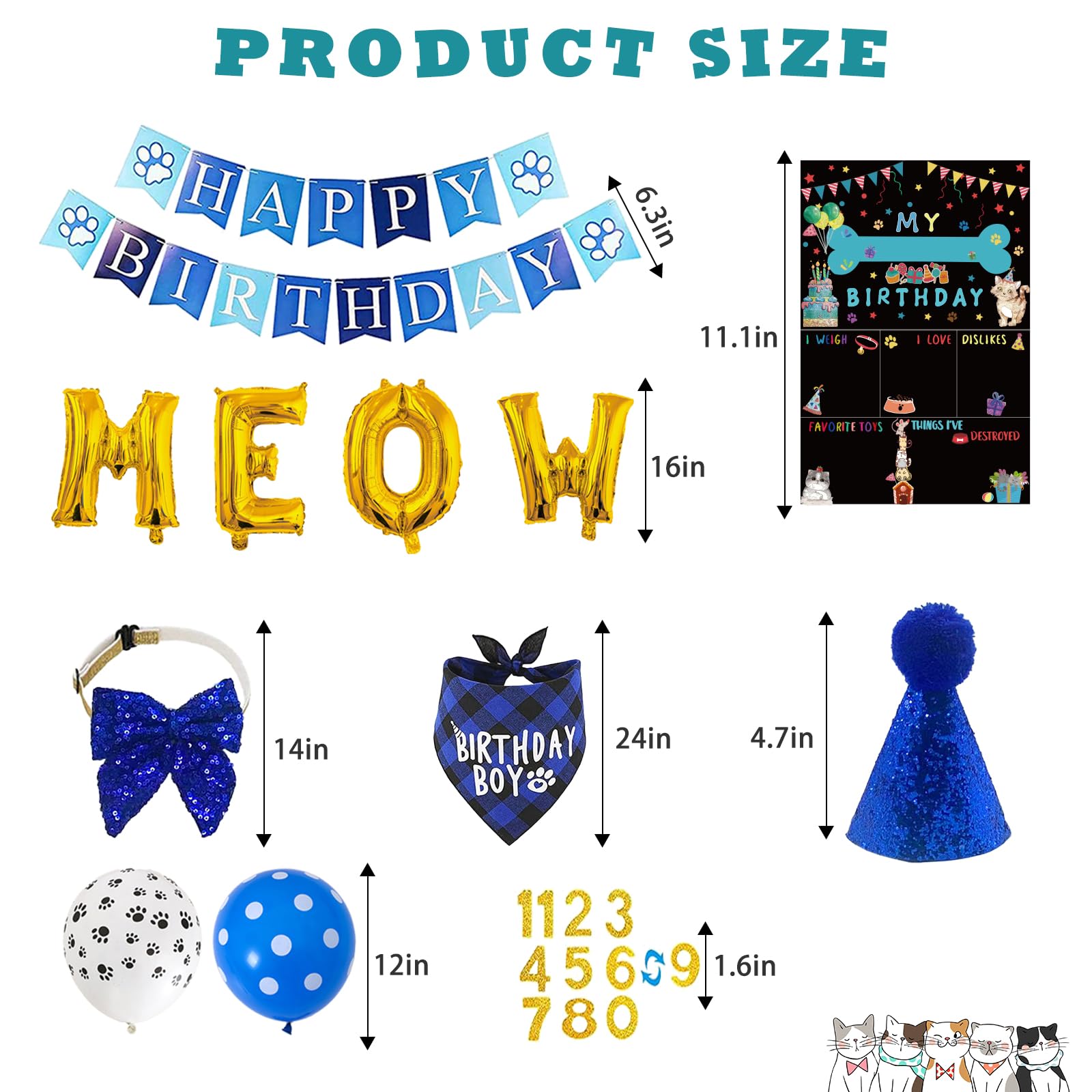 duludulu Cat Kitten Birthday Party Supplies - Gold Bandanas, Hats, Banners & Balloons for Boys - Meow Foil Decorations