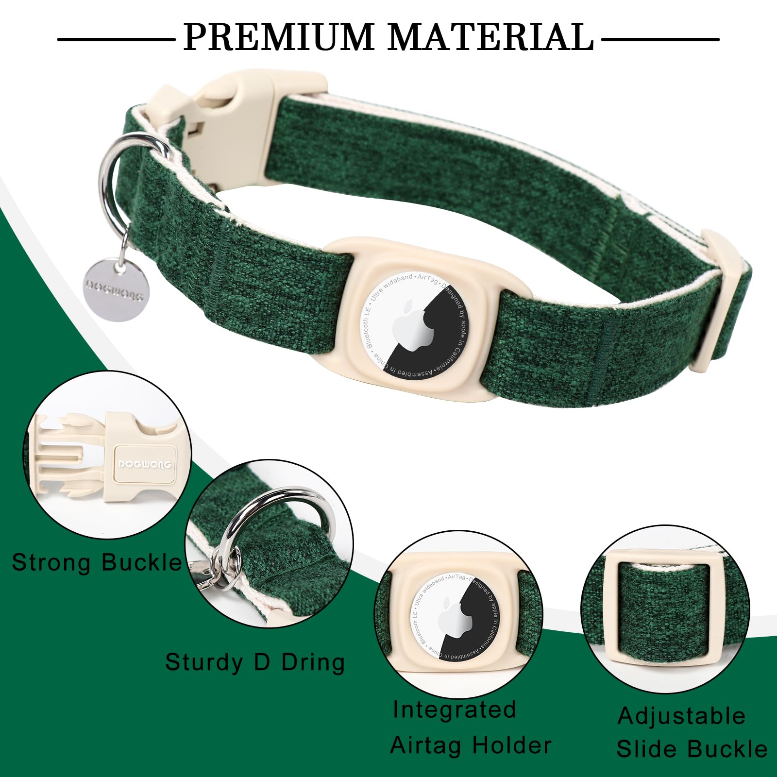 Dogwong Cotton Hemp Dog Collar, Heavy-Duty With Airtag Holder, Christmas Green, Natural Durable Material, For Small Medium Large