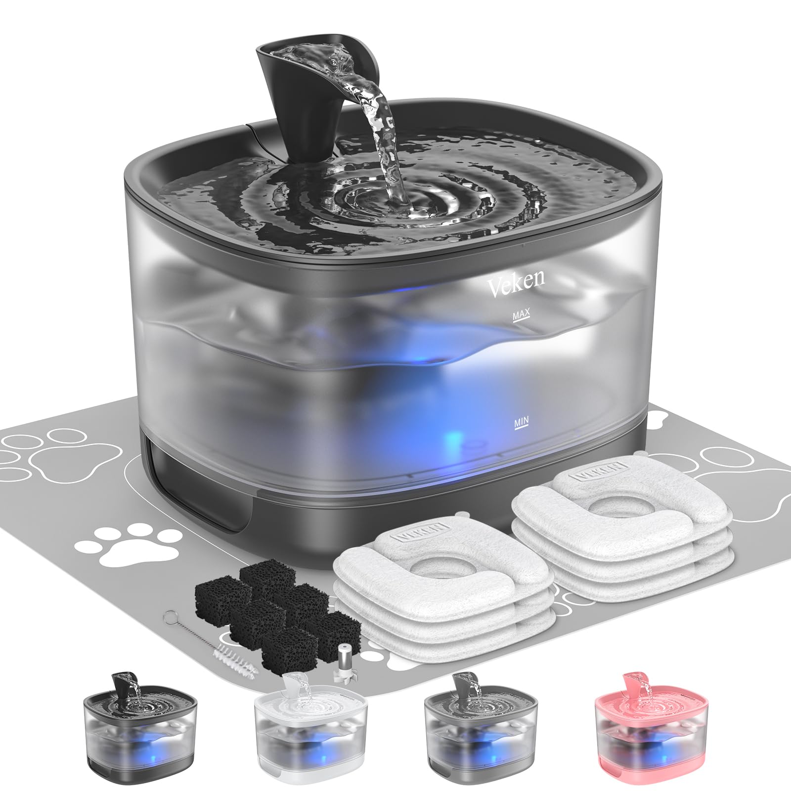Veken Cat Water Fountain with Detachable Tank, 6 Filters & 6 Sponges, Easy to Clean & Assemble, 84oz/2.5L Pet Drinking Dispenser