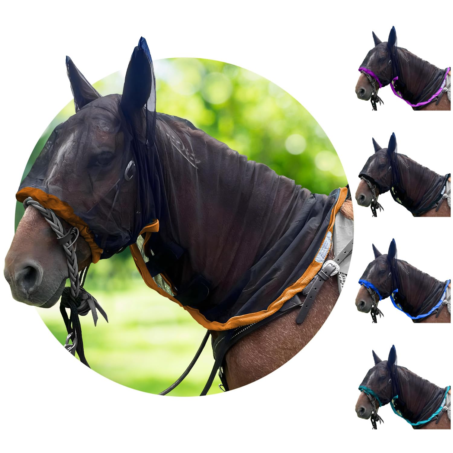 Full Horse Fly Mask with Ears - Orange Full Hoodie Warmblood Nose-to-Wither Fly Masks for Horses with Ears Horse Mask with Ear P