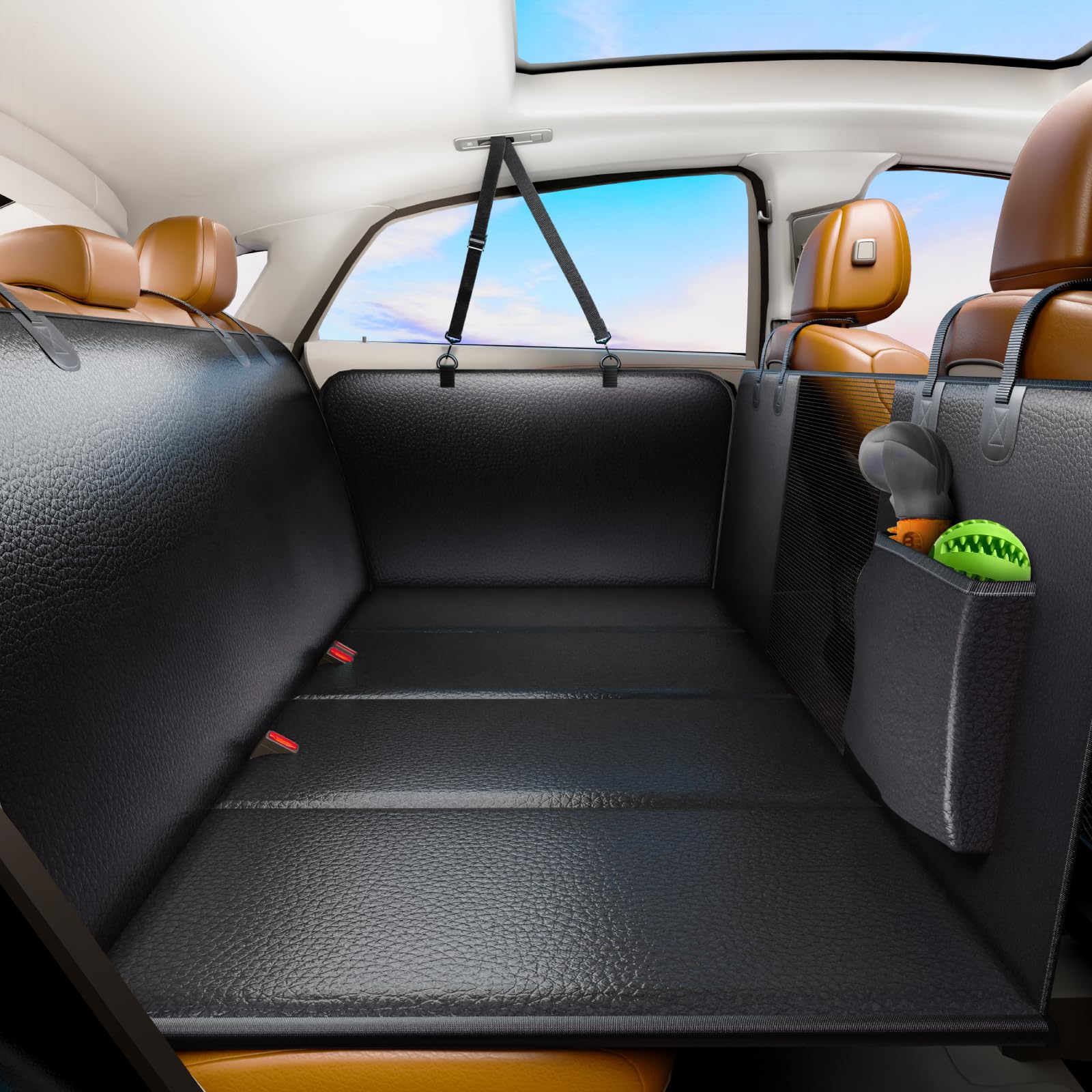 Firstwell Back Seat Extender For Dogs, Pu Leather Dog Car Seat Cover, Scratch-Proof, Waterproof, Hard Bottom, Holds 400Lbs, Dog 