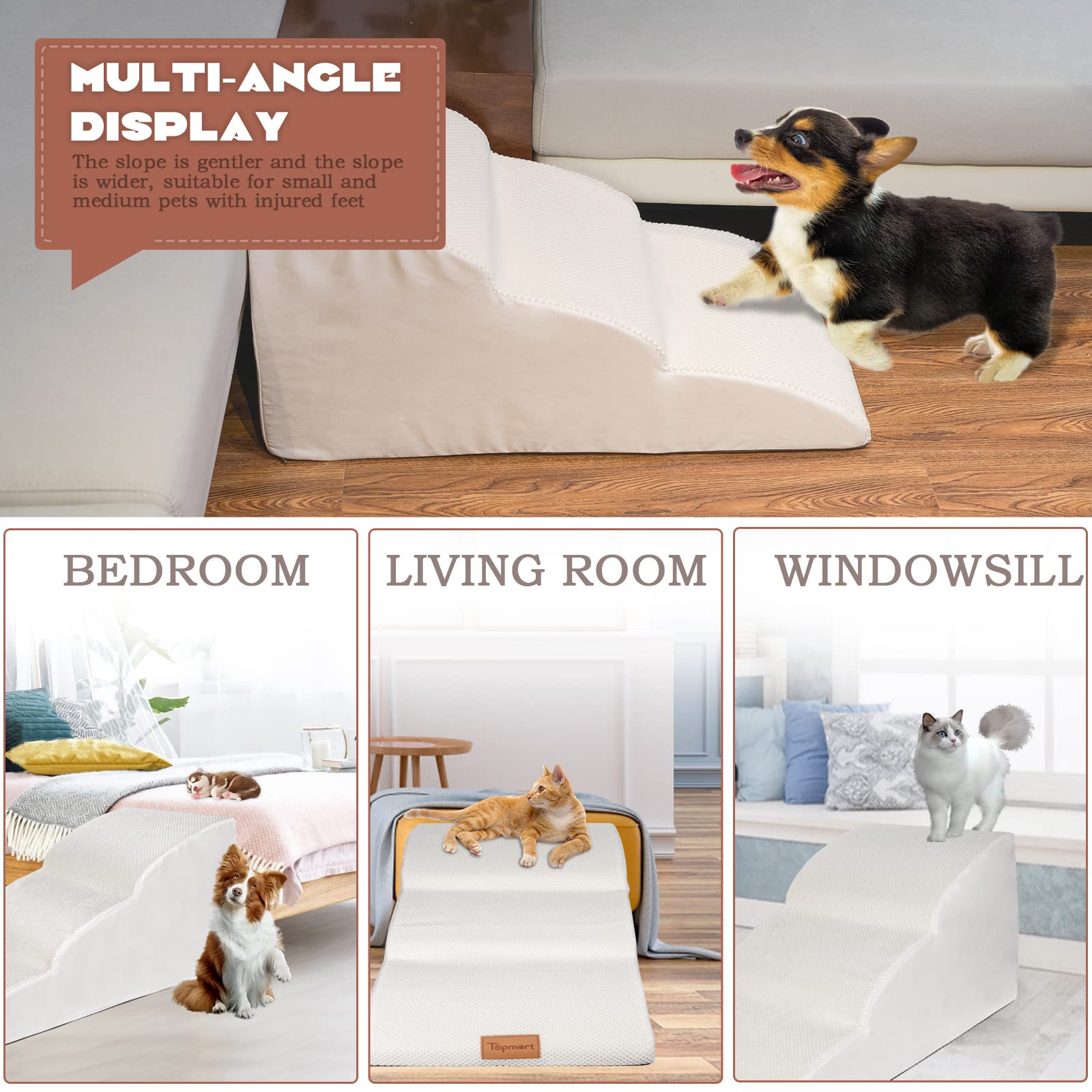 Topmart High Density Extended Foam Dog Ramp&Steps 3 Tiers,15.7' High,Non-Slip Dog Stairs,Soft Foam Dog Ladder,Best For Dogs Injured,Older Cats,Pets With Joint Pain, Color White