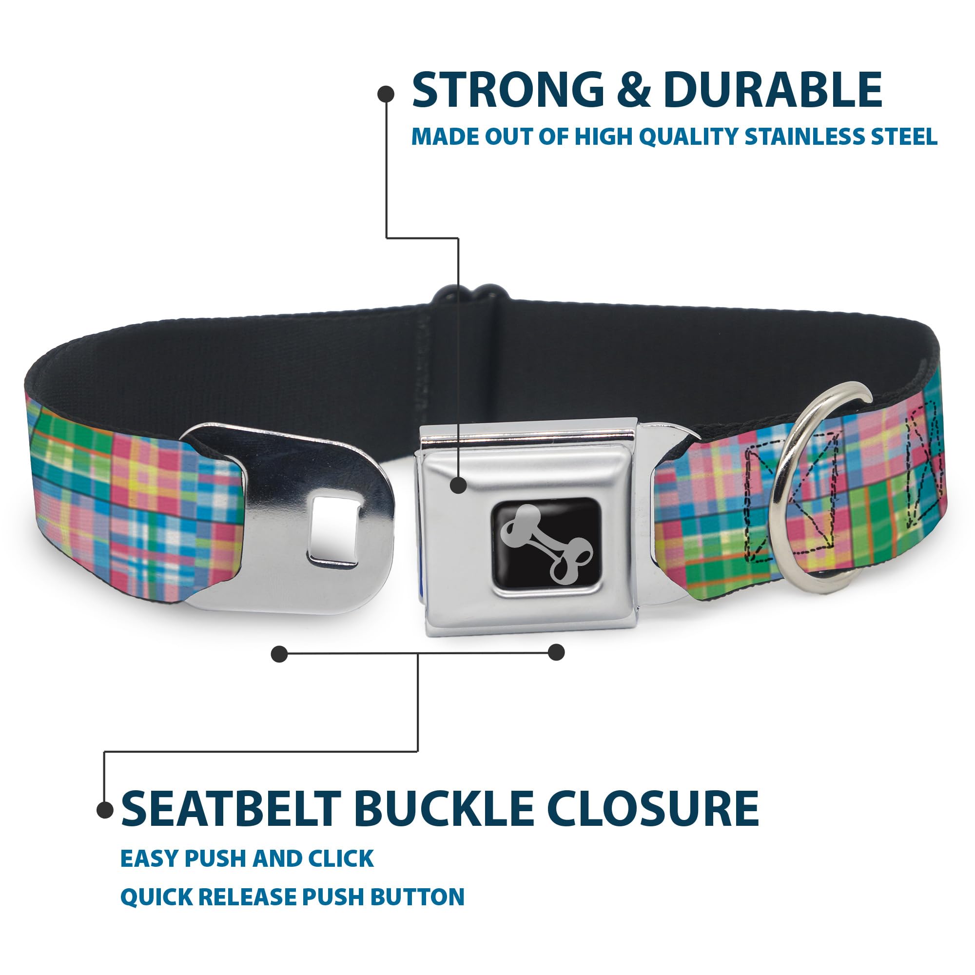 Buckle-Down Seatbelt Buckle Dog Collar - Madras Plaid Pink - 1' Wide - Fits 15-26' Neck - Large
