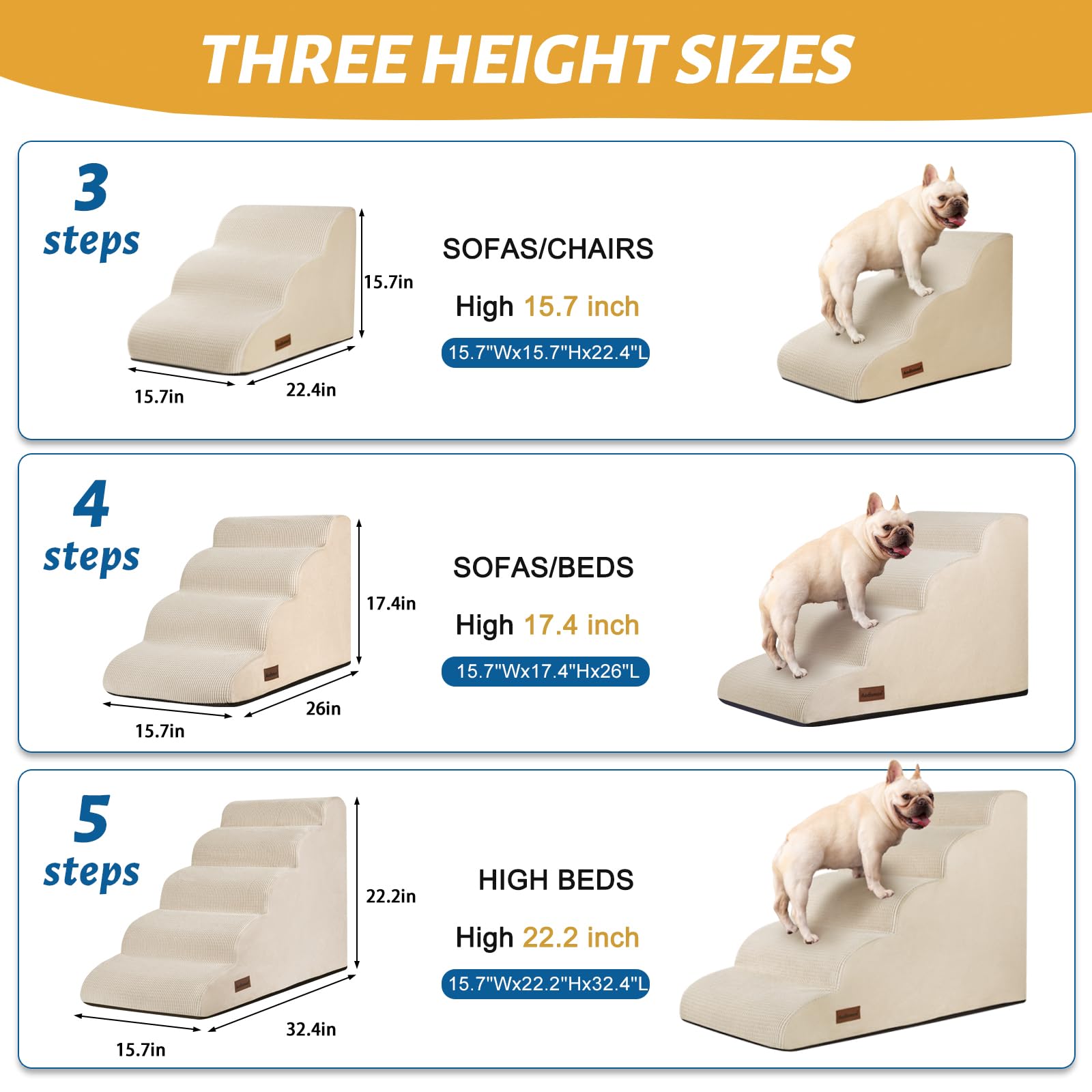 Aodisman 4-Step Dog Stairs and Ramp for Beds or Couches,Non-Slip Sturdy Pet Steps for Small Dogs and Cats,17.4 H,Beige
