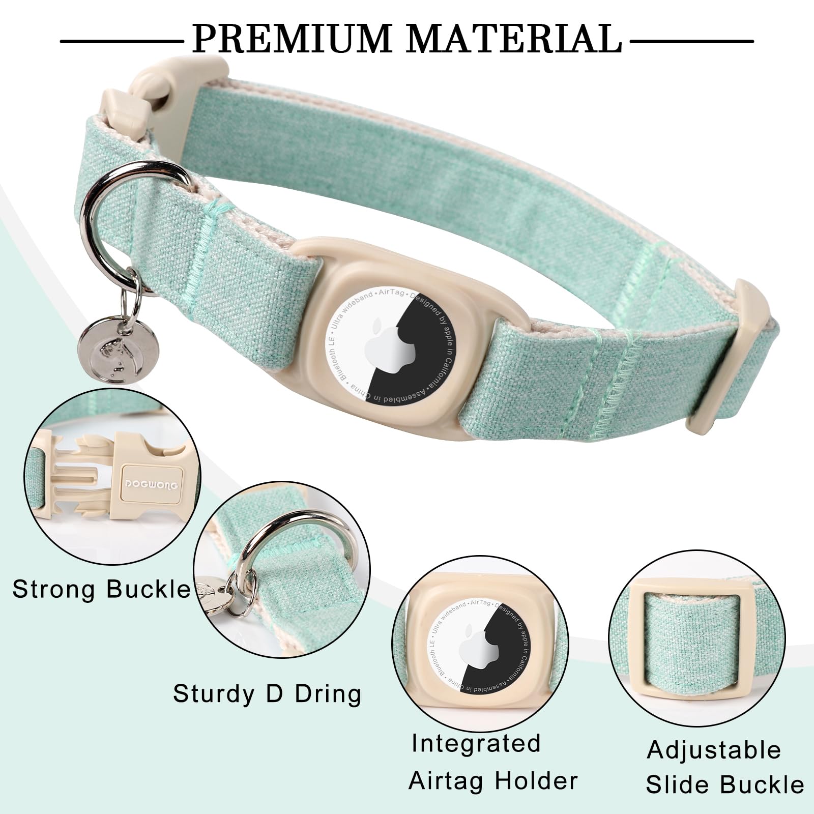 Dogwong Airtag Cotton Hemp Dog Collar, Heavy-Duty With Airtag Holder, Green, Natural Fabric, Cute Puppy Necklace For Small To La
