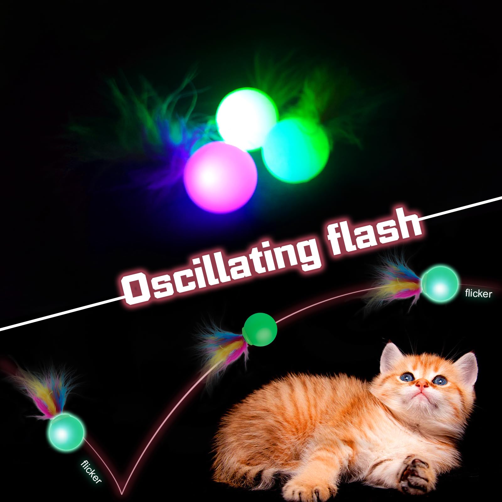 Shengsen Flashing Cat Ball 3 Pack, Luminescence Feather Toys For Indoor Hunting Kits