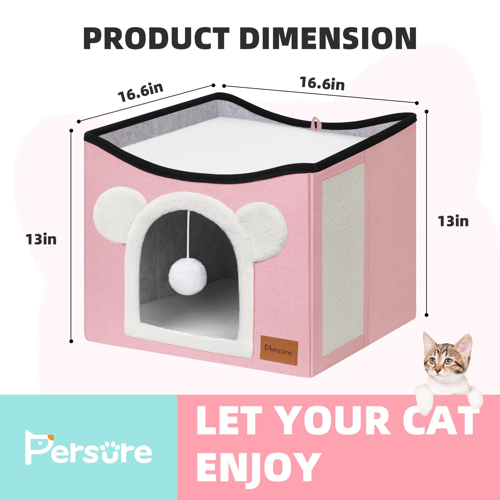 Persure Cat House Cat Beds For Indoor Cats Large Foldable Multifunction Cat Cave For Pet With Hover Ball And Scratching Board(Pi