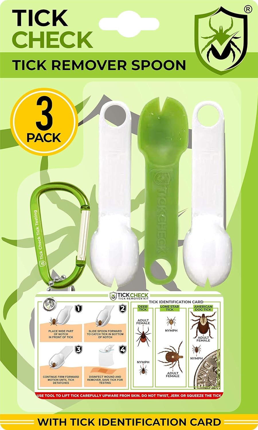 Tickcheck Tick Remover Spoon - 3 Pack Of Lightweight Tick Remover Tools With Free Tick Id Card & Carabiner (2 Sets, 6 Spoons)