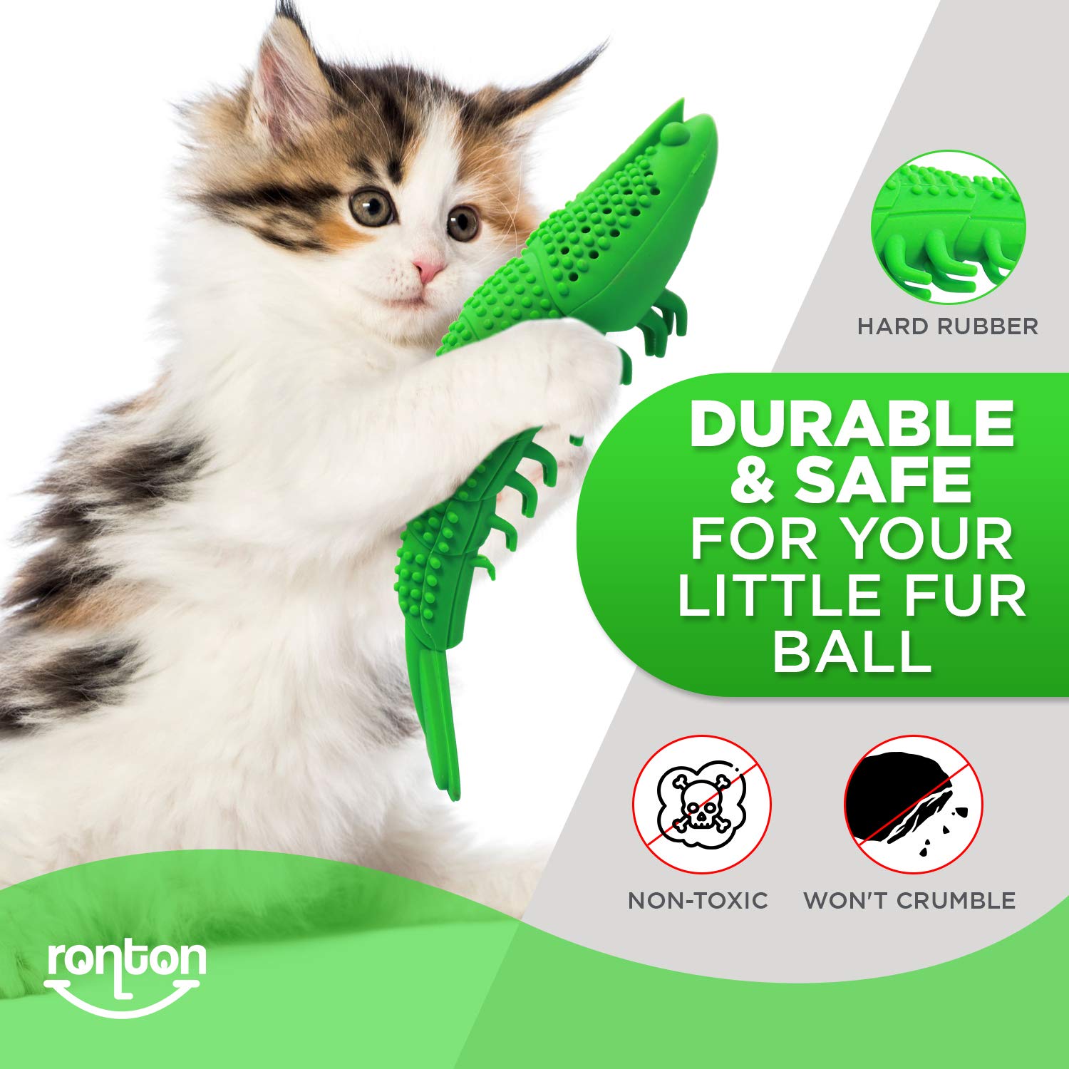 Ronton Catnip Toy - Durable Hard Rubber - Cat Dental Care, Cat Interactive Toothbrush Chew Toy (2 Pack Green & Blue (Shrimp))