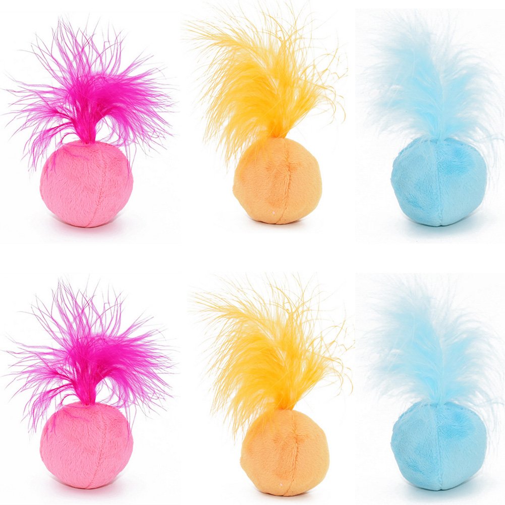 Petfavorites Furry Rattle Ball Cat Toy With Feather And Catnip - Interactive Pom Pom Balls For Cats, Soft And Lightweight, 2 Inch, 6 Pack.