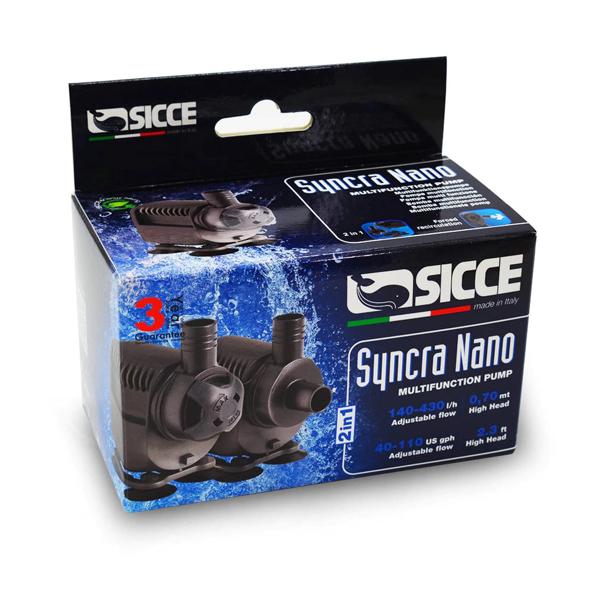 Sicce Syncra Silent Nano Multifunction 110 Gph Submersible Water Pump | Italian Made 2.8W Ultra Quiet Durable Aquarium Fish Tank, Fountain, Pond, Hydroponics, Terrarium Black | Freshwater & Saltwater