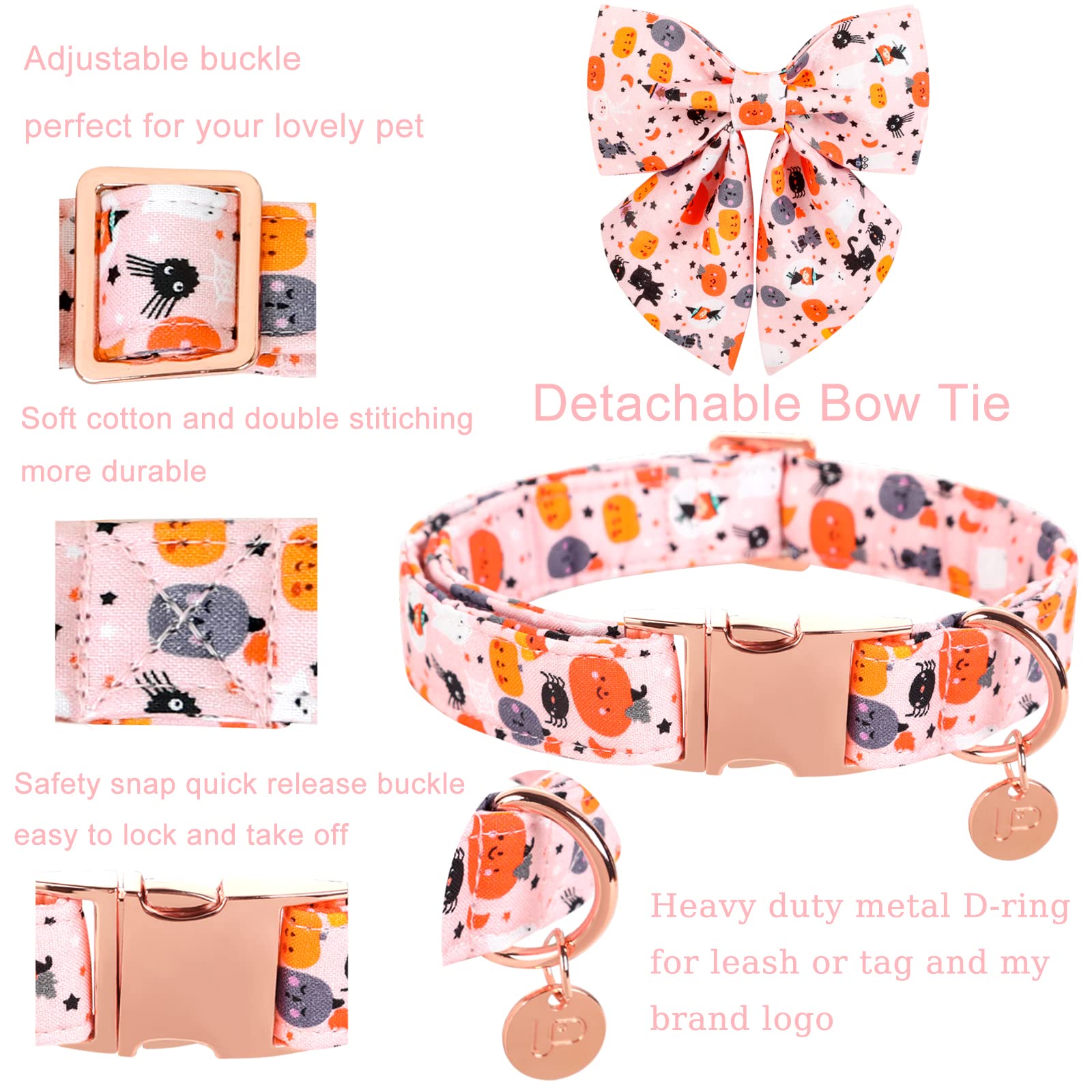 Up Urara Pup Halloween Dog Collar With Bow Tie, Pumpkin Cotton Bowtie Collar For Medium Girl Dog, Halloween Bowtie Collar With Durable Metal Buckle, Adorable Pet Bow Collar, M, Neck 13.5-22In