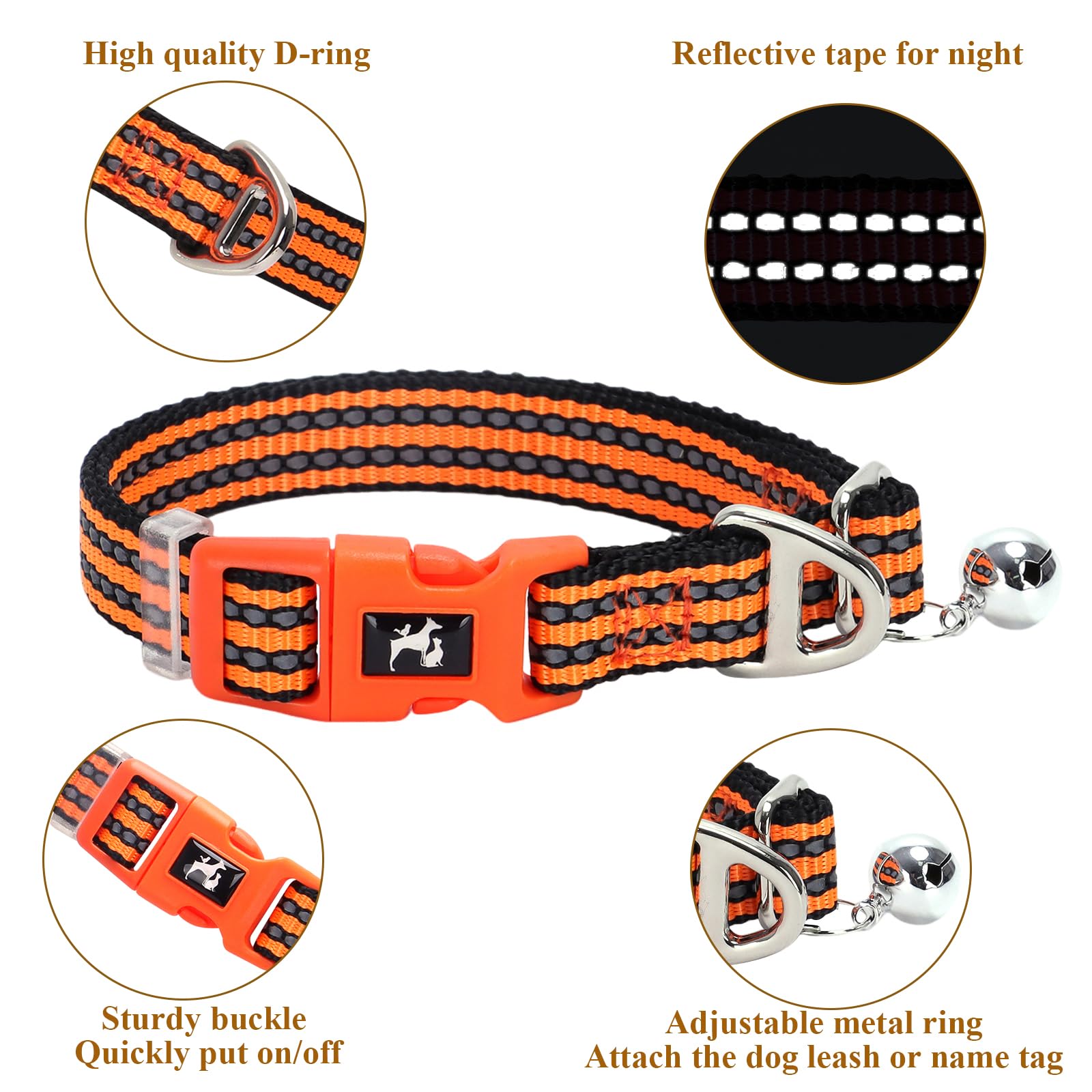 Onefojojo Adjustable Reflective Xs/Xxs Dog Collar With Bell - Nylon Puppy Collar For Chihuahua, Pomeranian, Small Dogs, Nighttim