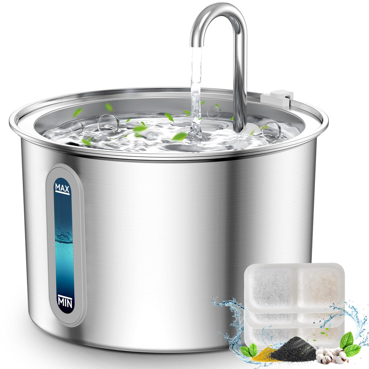 Oneisall Stainless Steel Cat Water Fountain, 2L Water Fountains For Cats Indoor Dishwasher Safe With Quiet Pump And 3 Replacemen