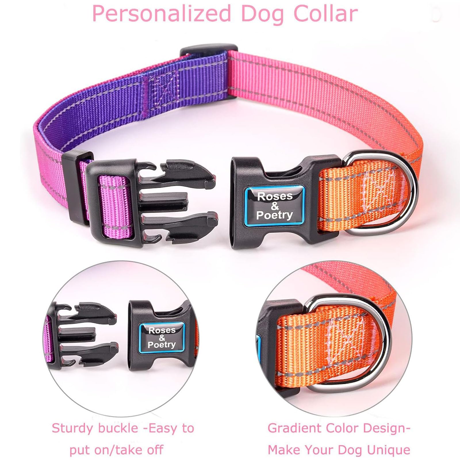 Roses&Poetry Reflective Dog Collar With Gradient Mistyrose, Adjustable Durable Pet Collars For Small Medium Large Dogs (Mistyros