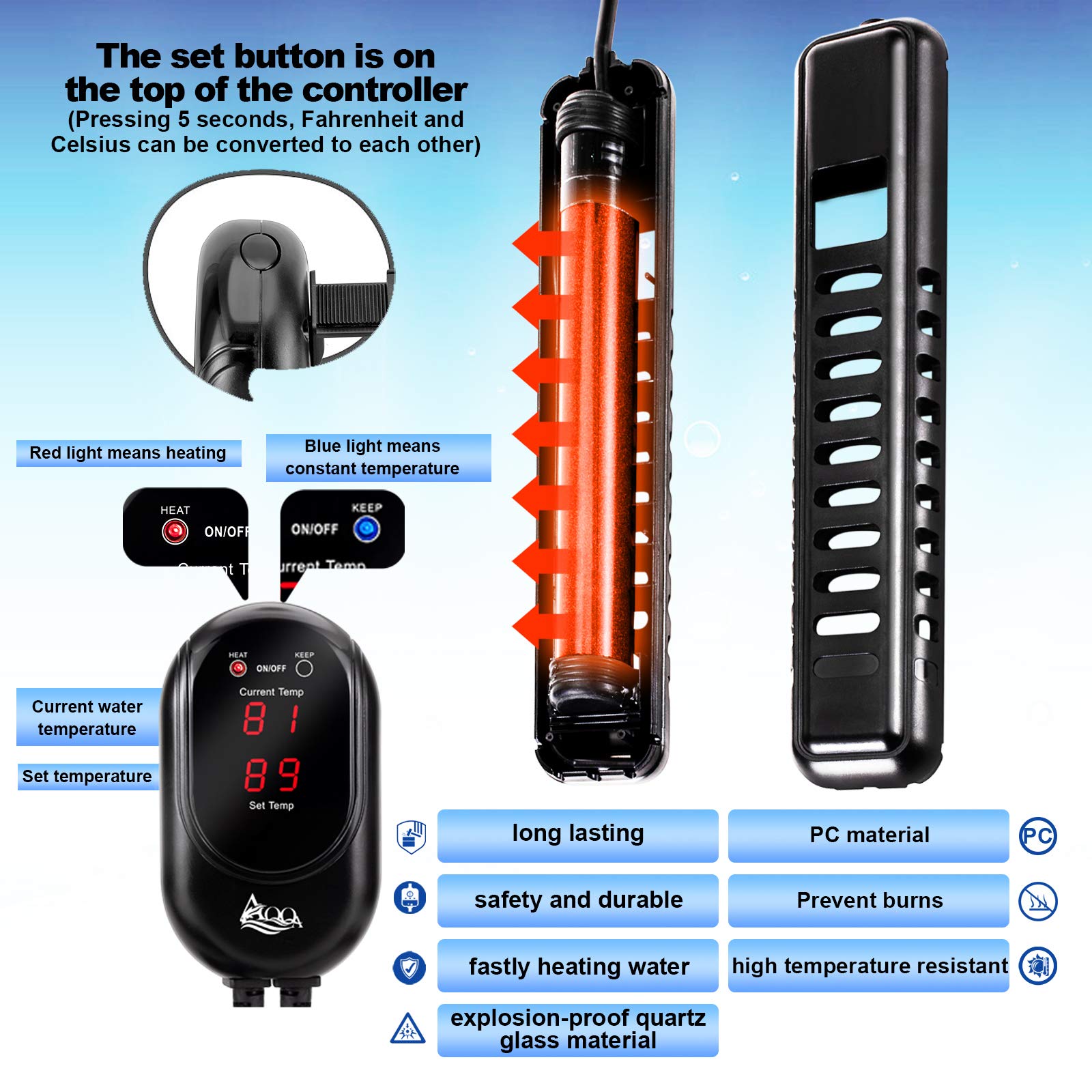 Aqqa Submersible Aquarium Heater,100W/200W/300W/500W/800W/1000W/1200W Fish Tank Heater,External Temperature Controller Led Temperature Display,Suitable For Saltwater And Freshwater(300W)