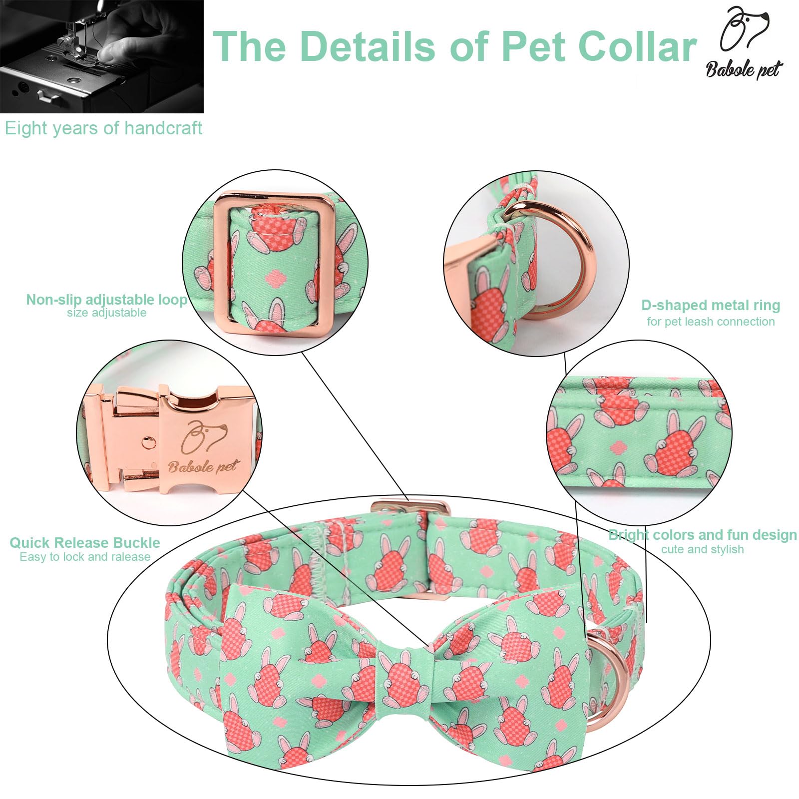 Babole Pet Dog Collar With Easter Bow Tie - Bunny Egg Pattern Bowtie Adjustable Heavy Duty Spring Collar For Small Medium Large
