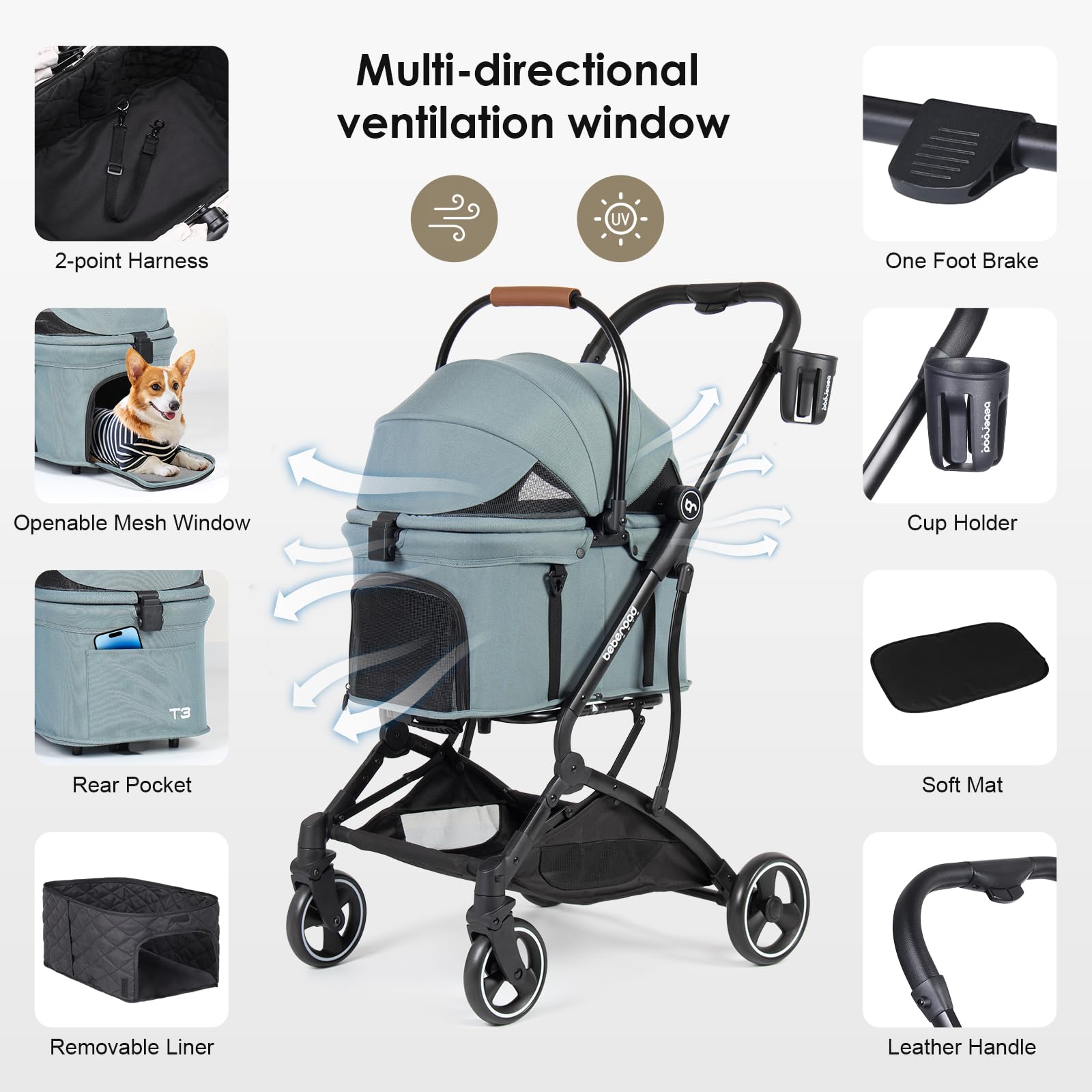 Beberoad Pets T3 3 In 1 Small Pet Stroller For Dog & Cats, 4 Wheels With Detachable Carrier With Pad, Canopy And Cup Holder, Gre