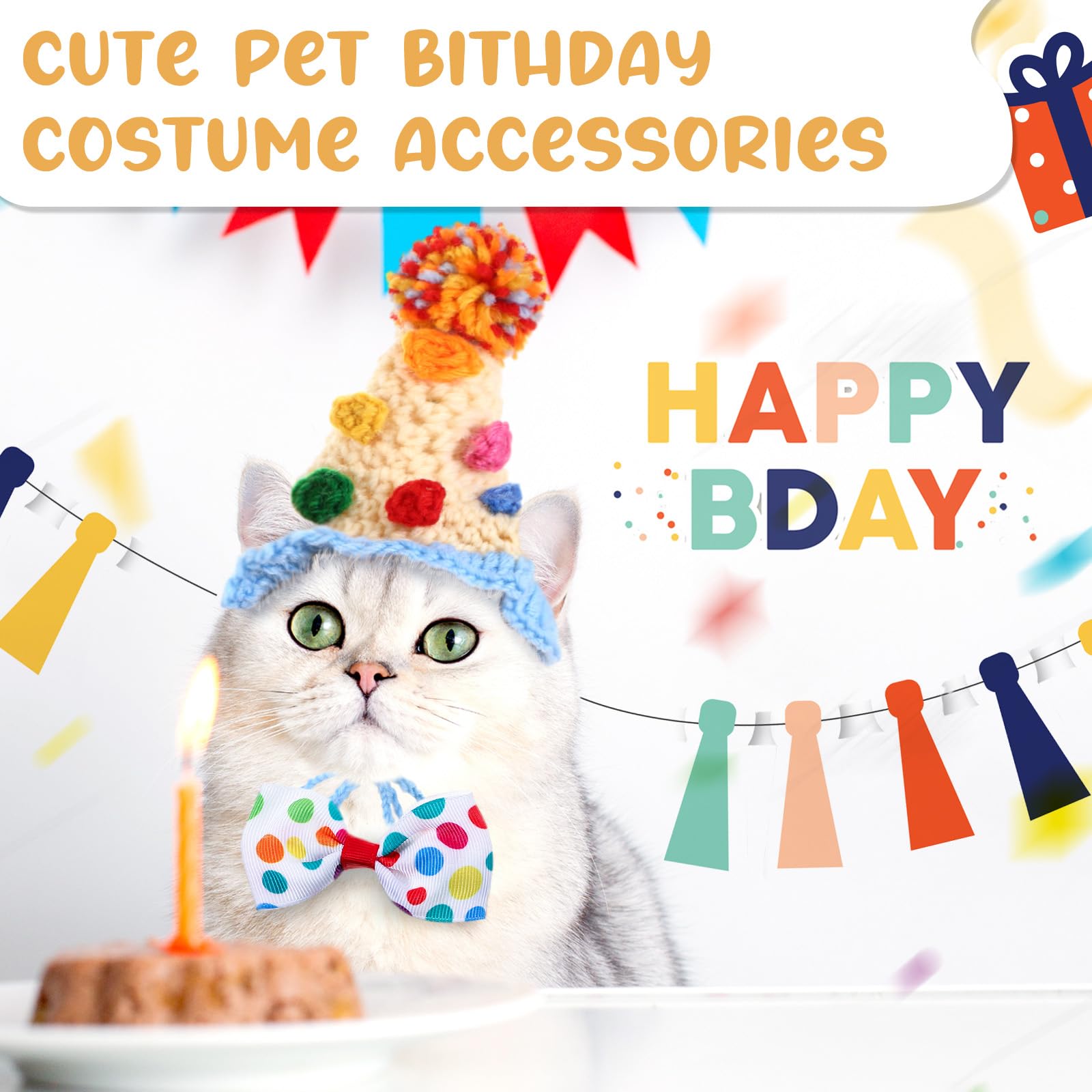 Ganeen 4 Pack Cat Birthday Hat Crochet Happy Birthday Cat Party Outfit Small Animal Top Hats Headband Rabbit Bow Tie Pet Hat Hea