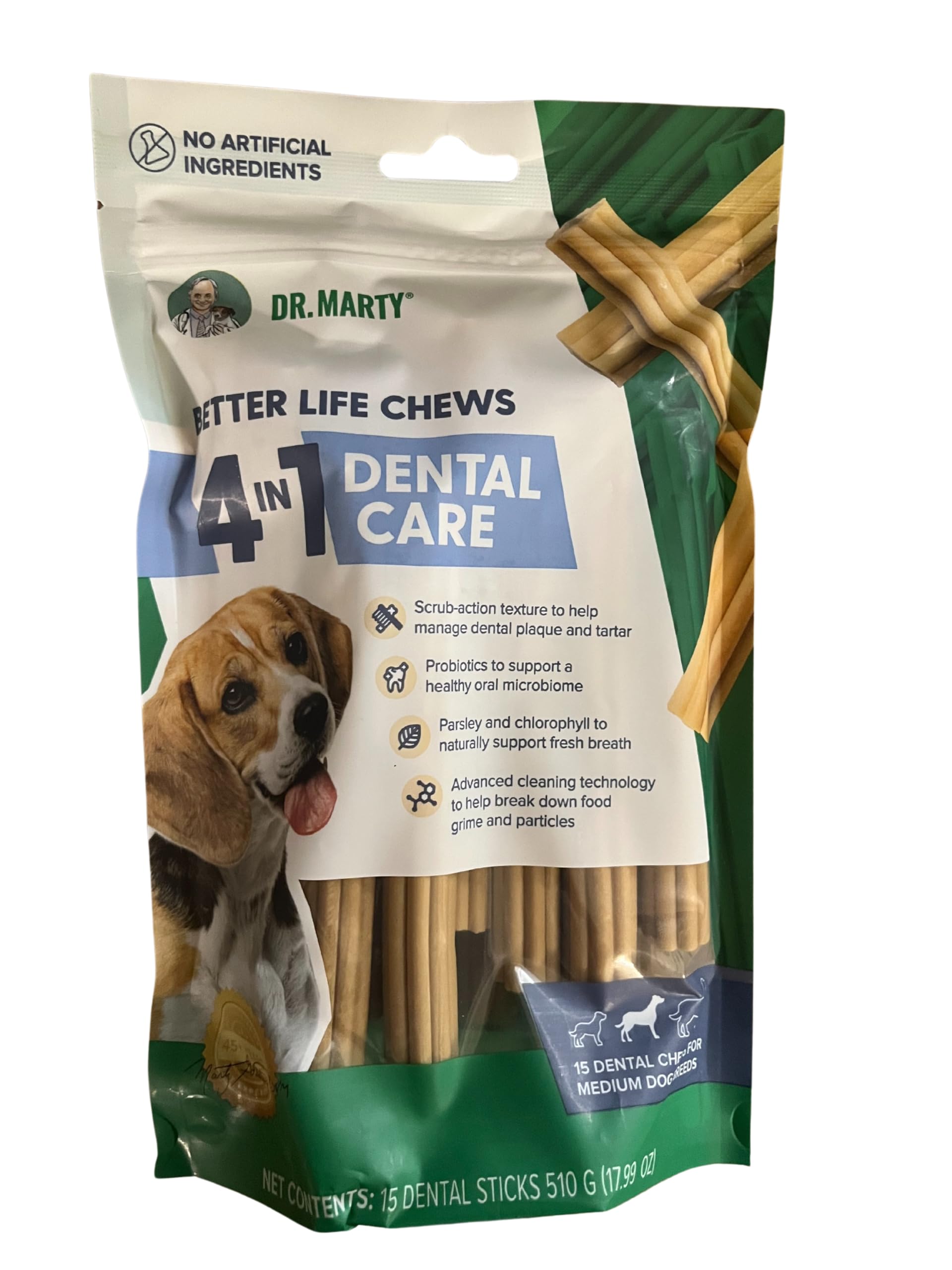 Dr. Marty Dental Treats Medium Dog 17.99 oz (15 Dental Chews for Medium Dog Breeds)