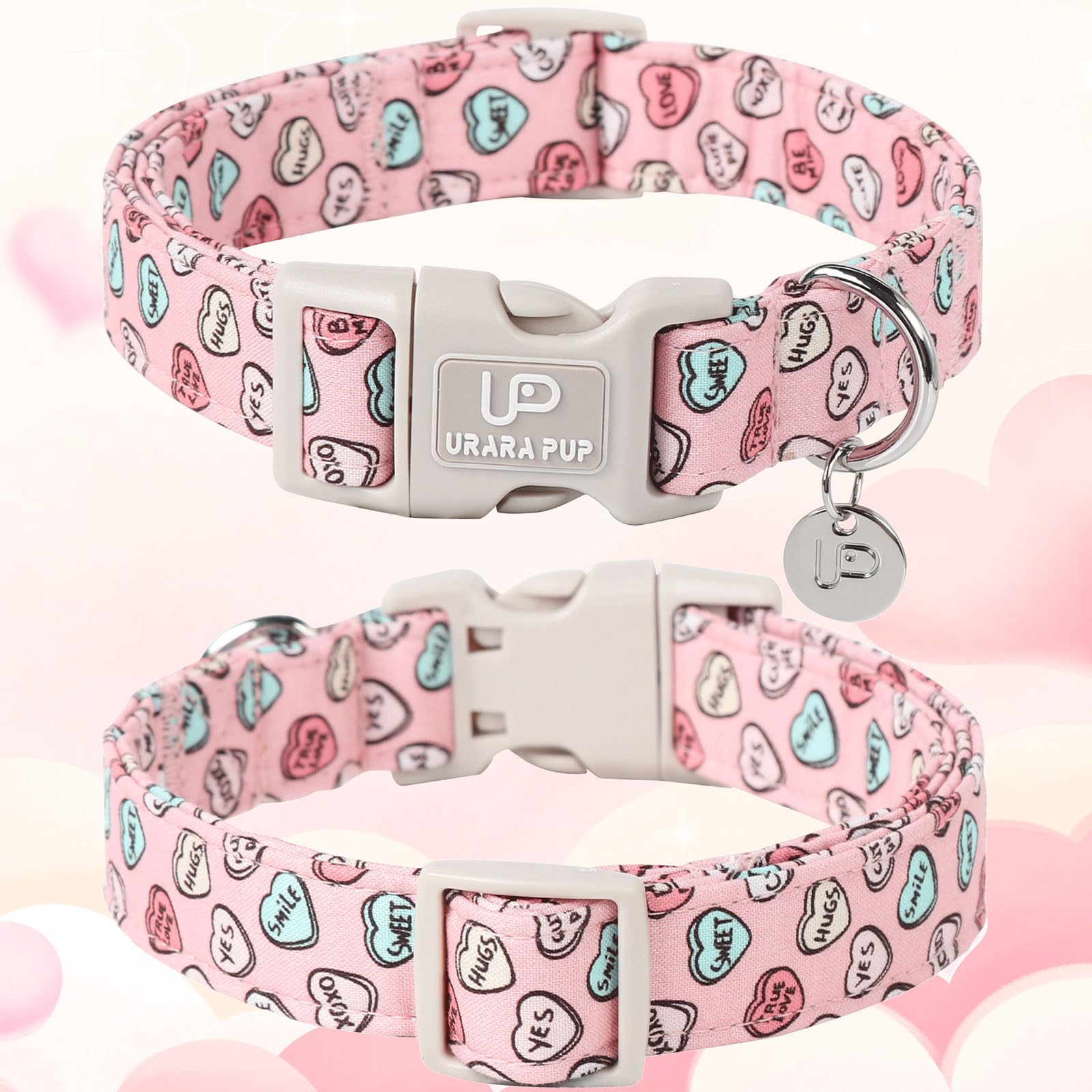 Up Urara Pup Pink Heart Dog Collar, Valentine'S Gift For Puppy, Small To Extra Large Dogs, Cotton, Unique Craftsmanship Design,