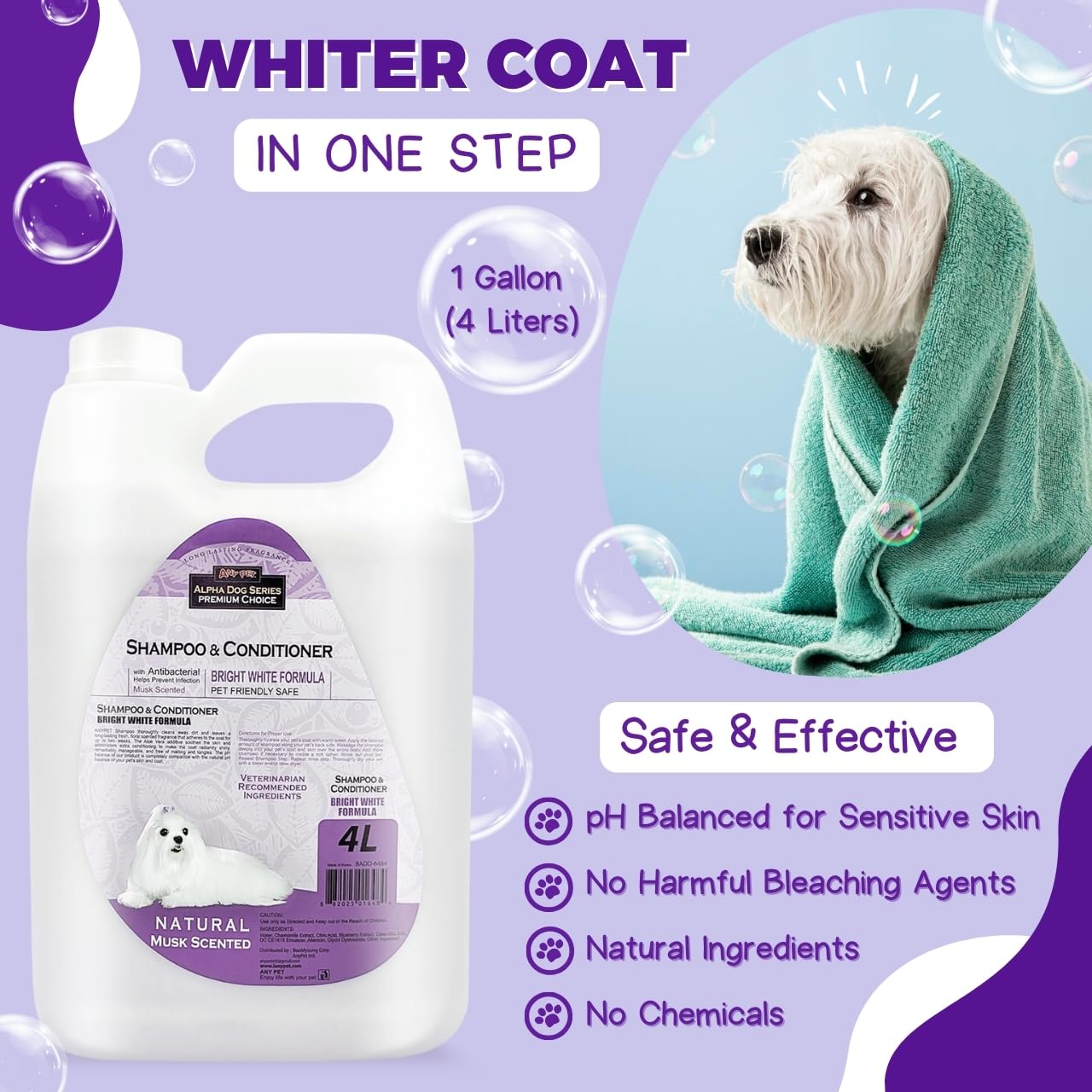 Alpha Dog Series Bright White Natural Whitening Dog Shampoo And Conditioner For Dogs With Aloe Vera, Ph Balanced Dog Shampoo And