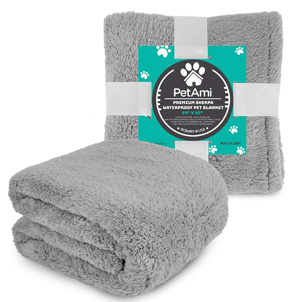 Petami Fluffy Waterproof Dog Blanket For Small Medium Dogs, Soft Warm Pet Sherpa Throw Pee Proof Couch Cover, Reversible Cat Puppy Bed Blanket Sofa Protector, Plush Washable Pad (Light Grey, 24X32)