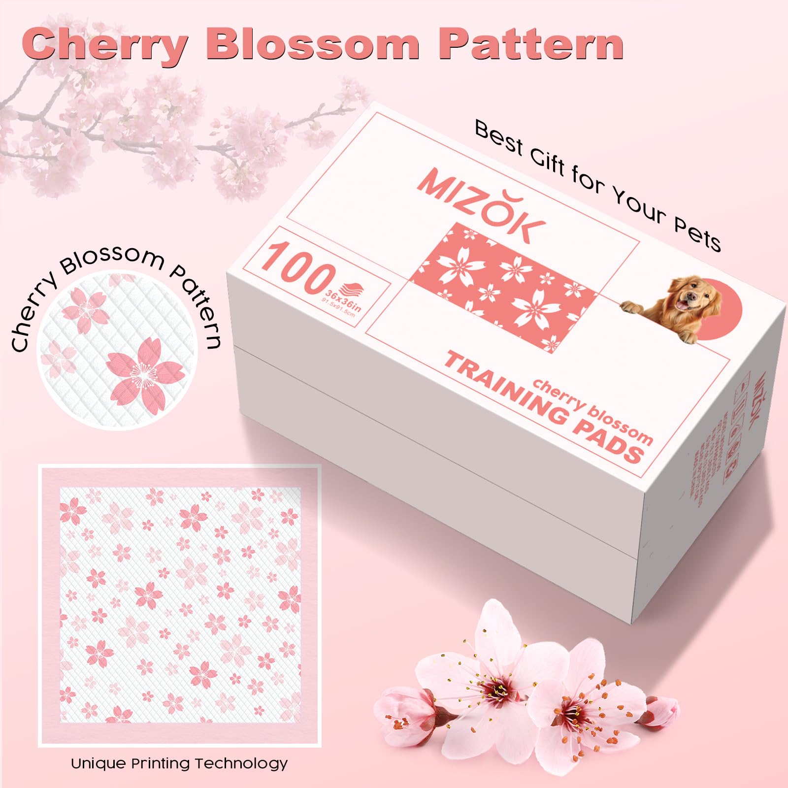 MIZOK 36x36in Puppy Pads Pink, Dog Pee Pads Leak-Proof with Quick-Dry Surface, Dog Pads Extra Large with Cherry Blossom Prints,