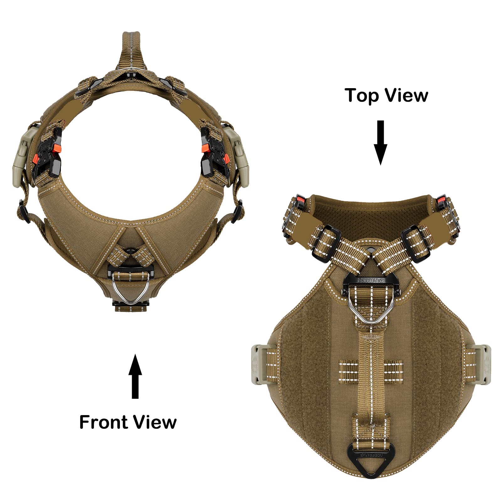 Icefang Gn8 Quick Moving Tactical Dog Harness With Handle ,Reflective In Training Walking K9 Vest,No-Pull Front Lead ,5-Points Adjust , Hook And Loop Panel (L (Neck 18'-24'; Chest 28'-35'),Brown)