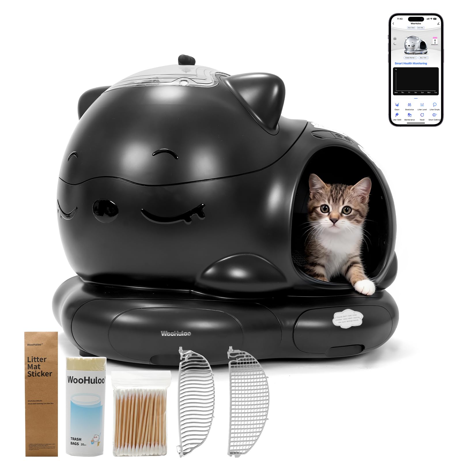 WOOHULOO Automatic Cat Litter Box, Semi-Open Large Capacity with Triple Odor Removal System, App Control and Health Monitor, Saf