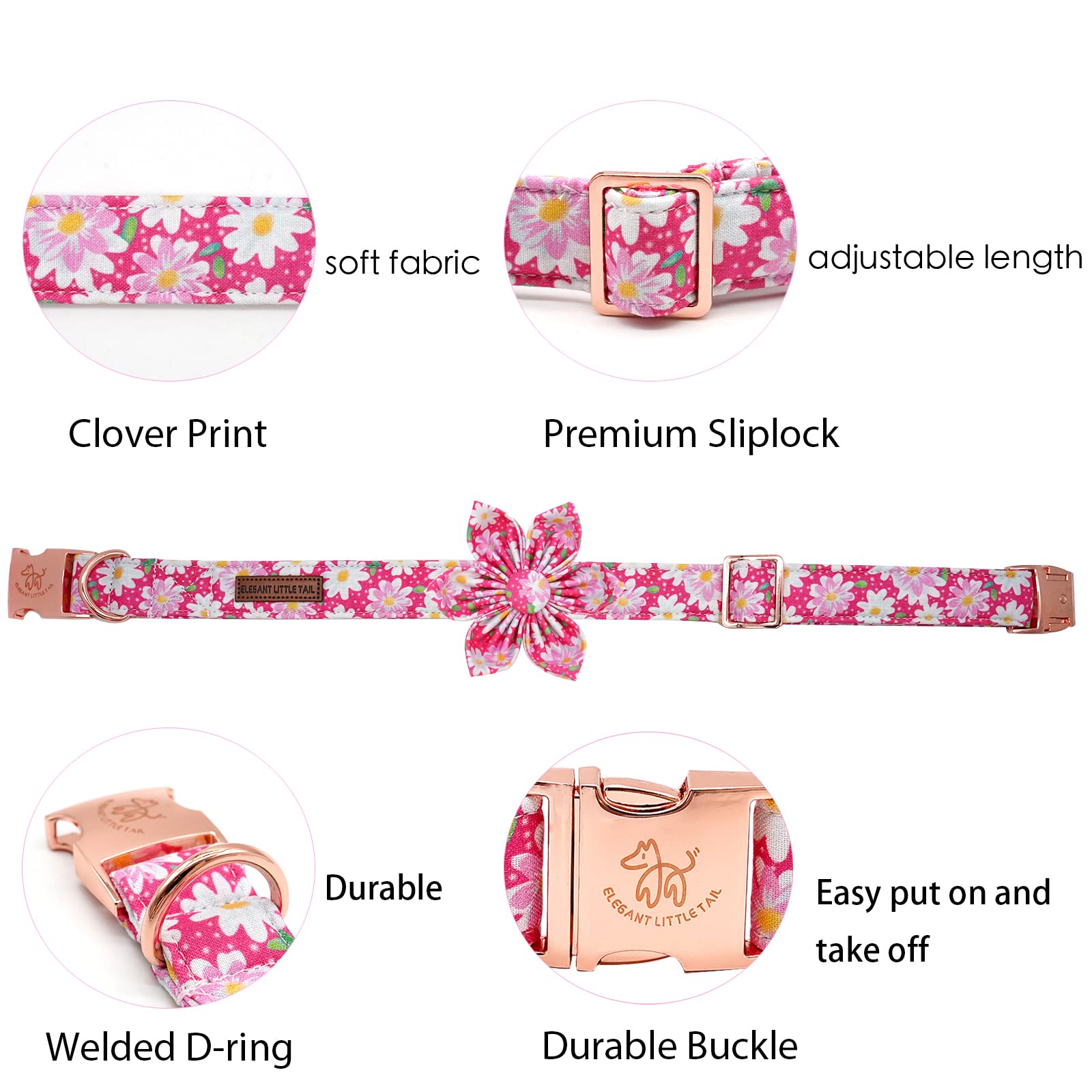 Elegant little tail Dog Collar with Flower, Dog Collar Flowers Pink Floral Girl Dog Collar Pet Gift Adjustable Dog Collar for X-