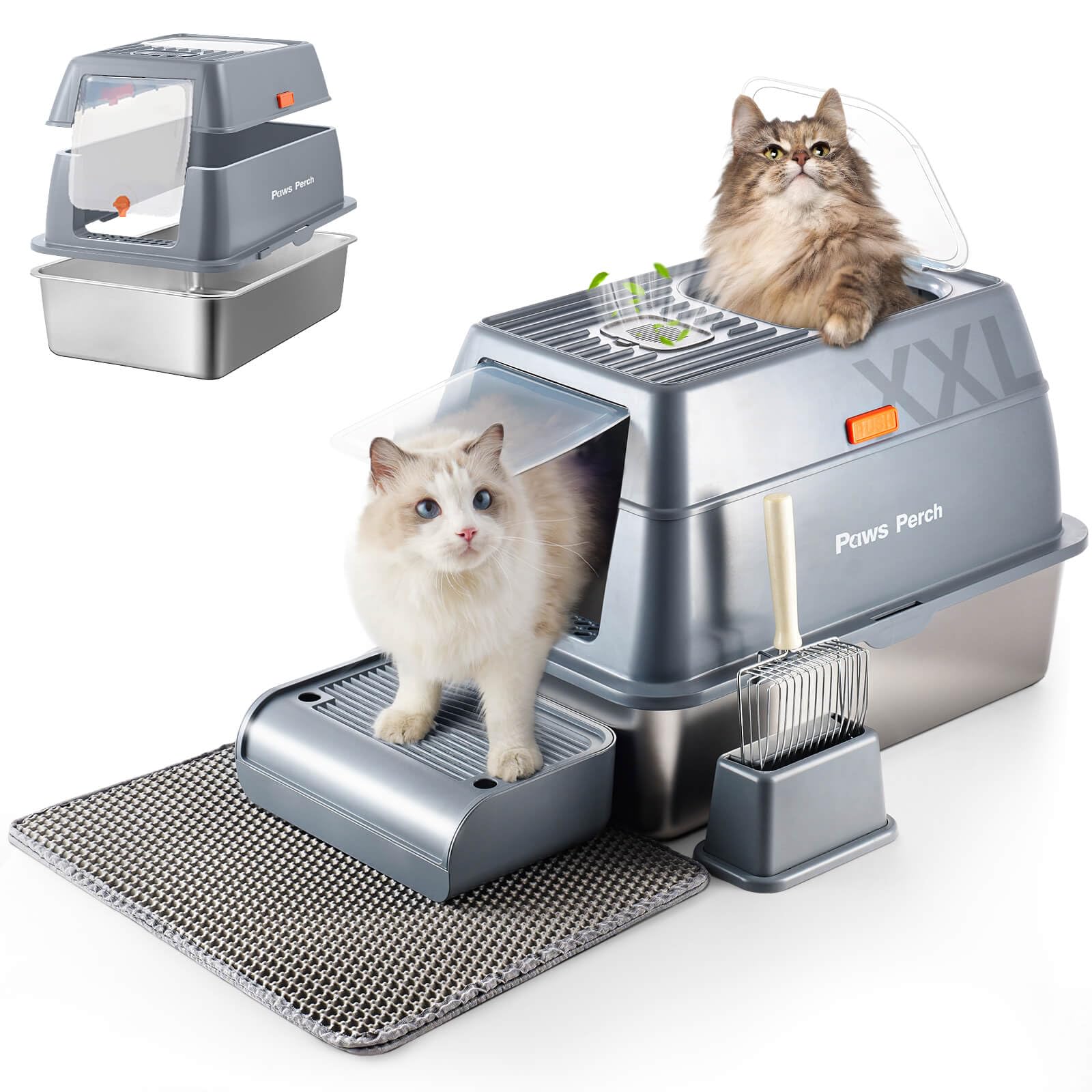 Stainless Steel Metal Cat Litter Box Large Enclosed With Lid, Dog Proof Jumbo Hooded High Sides For Big Cats, Indoor Multi Cat U