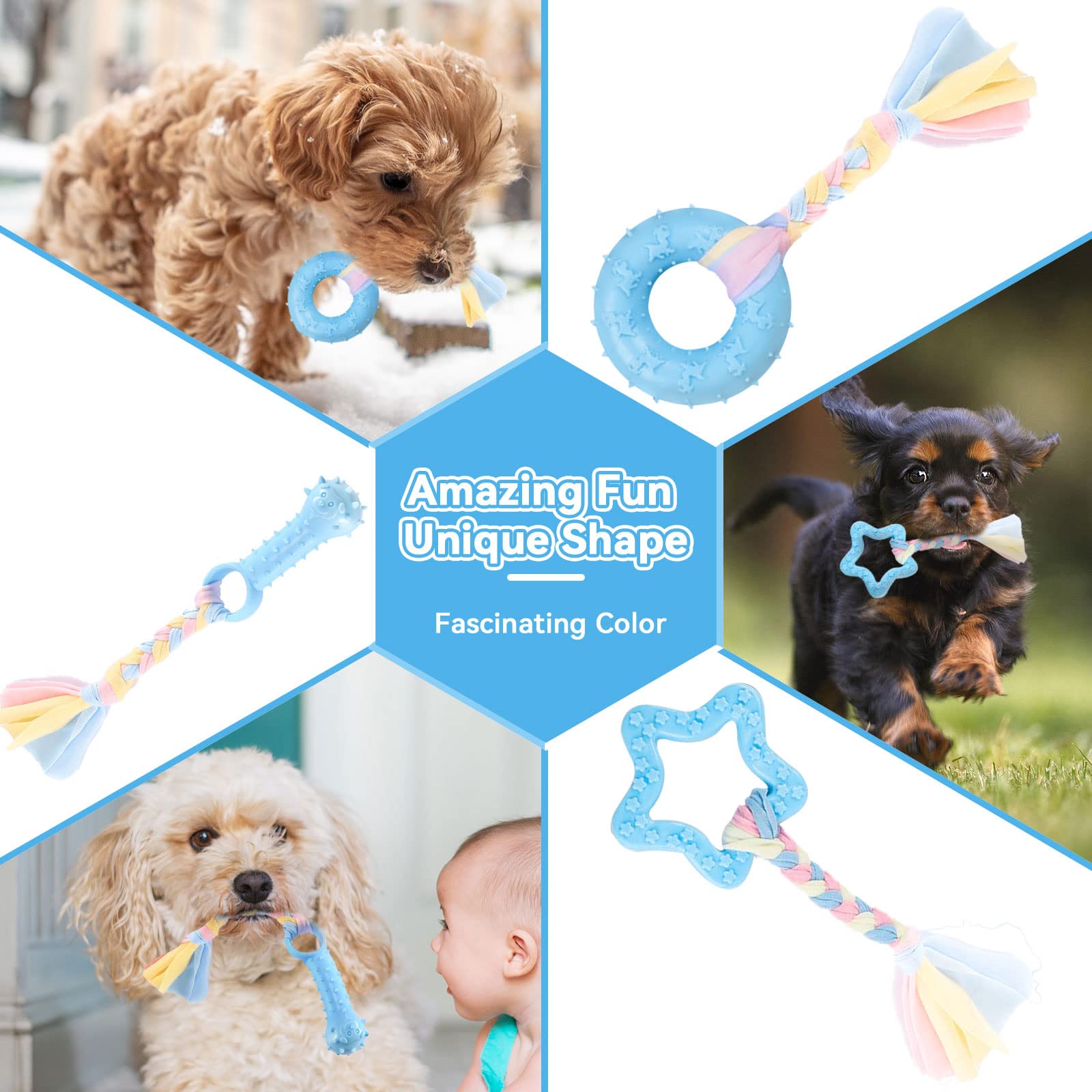 Petcare 6 Pack Puppy Chew Toys For Teething Cute Blue Puppy Toys Small Dog Toys Soft Rubber Rope Dog Toys Funny Bone Ball Cleaning Teeth Dog Chew Toys Puppy Teething Toys For Puppies Yorkie