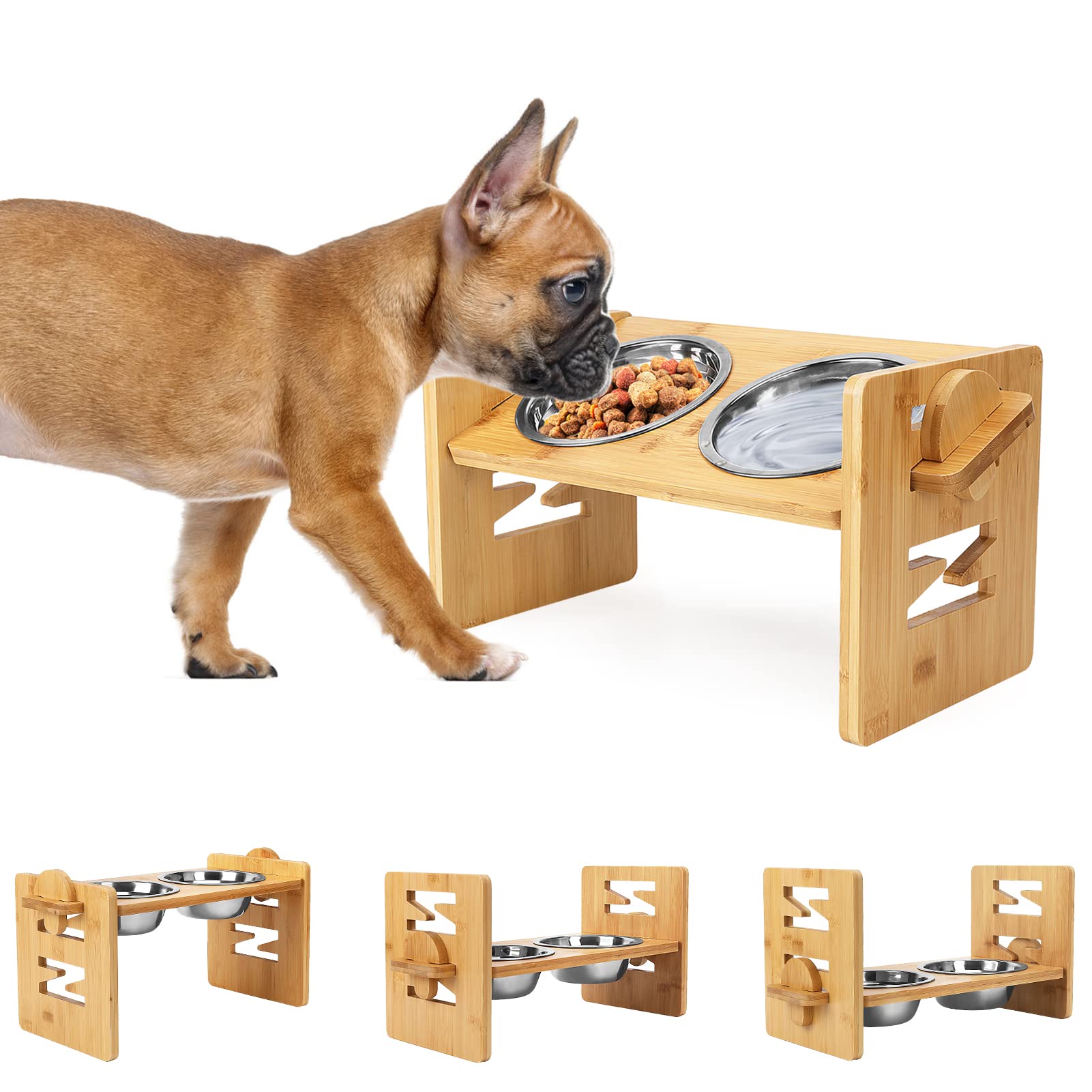 Elevated Dog Bowls, Adjustable Raised Tilted French Bulldog Food Water Bowl, Slanted Bamboo Pet Feeding Station with Stainless S