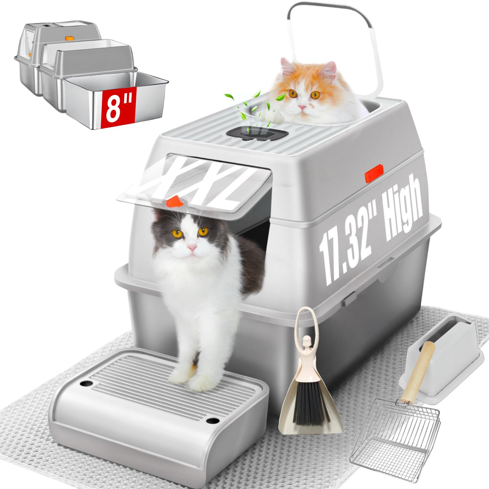 Fully Enclosed Xxl Stainless Steel Litter Box With Lid, 8    Deep Pan, Large Stainless Steel Cat Litter Box For Big Cat With Sco