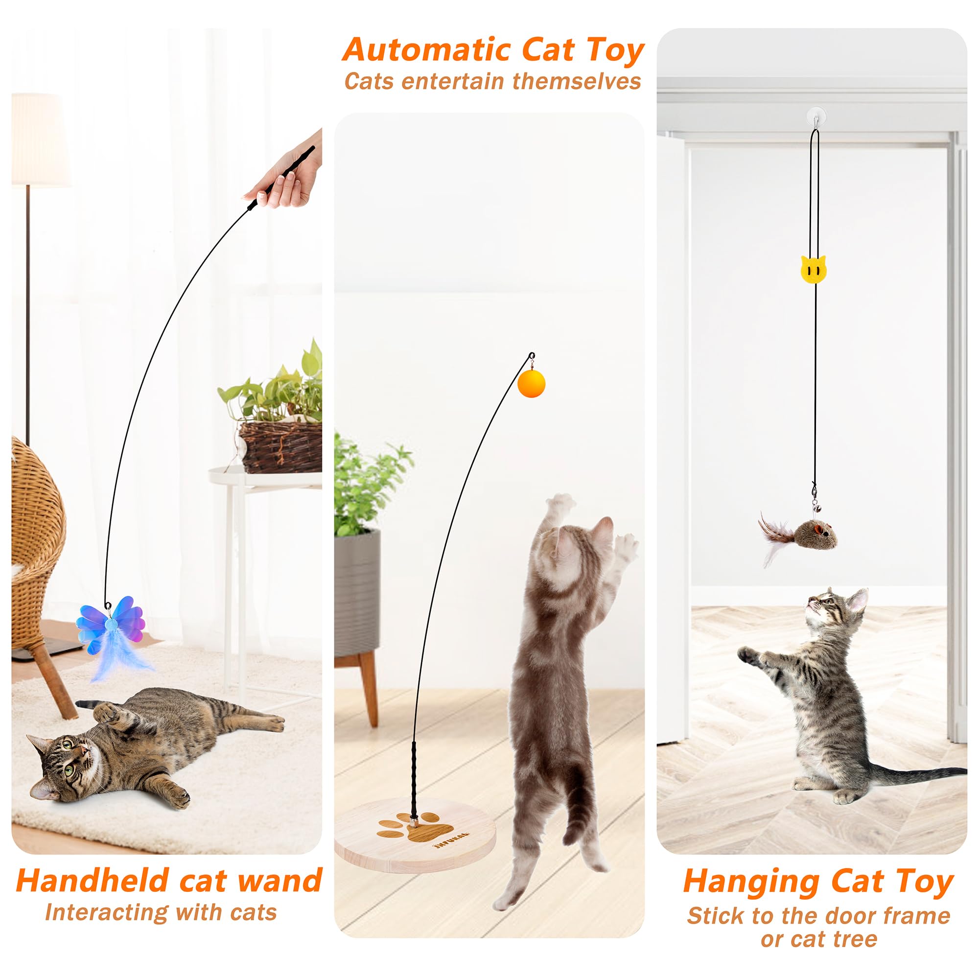 JXFUKAL Interactive cat Toy, Automatic Cat Wand Toy with Stable Wooden Base, 2 PCS Detachable Cat Teaser, 5PCS Refills Replaceme