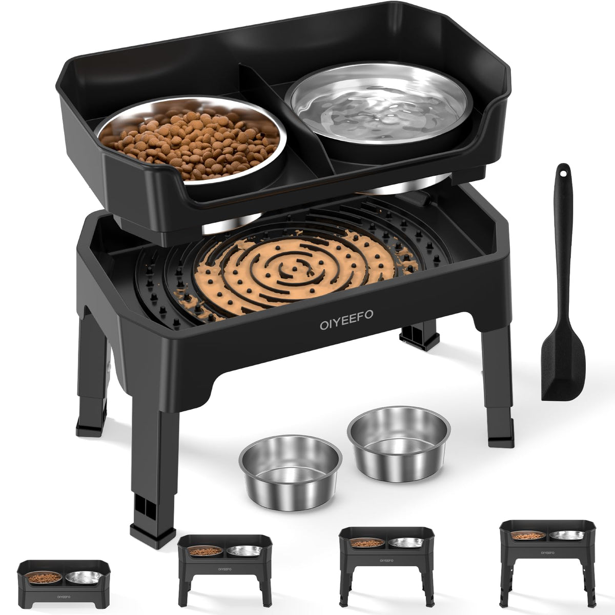 3 in 1 Elevated Dog Bowls Mess Proof: Raised Dogs Bowls - 4 Height Adjustable Dogs Bowl Stand with 2 * 53oz Stainless Steel Dog 