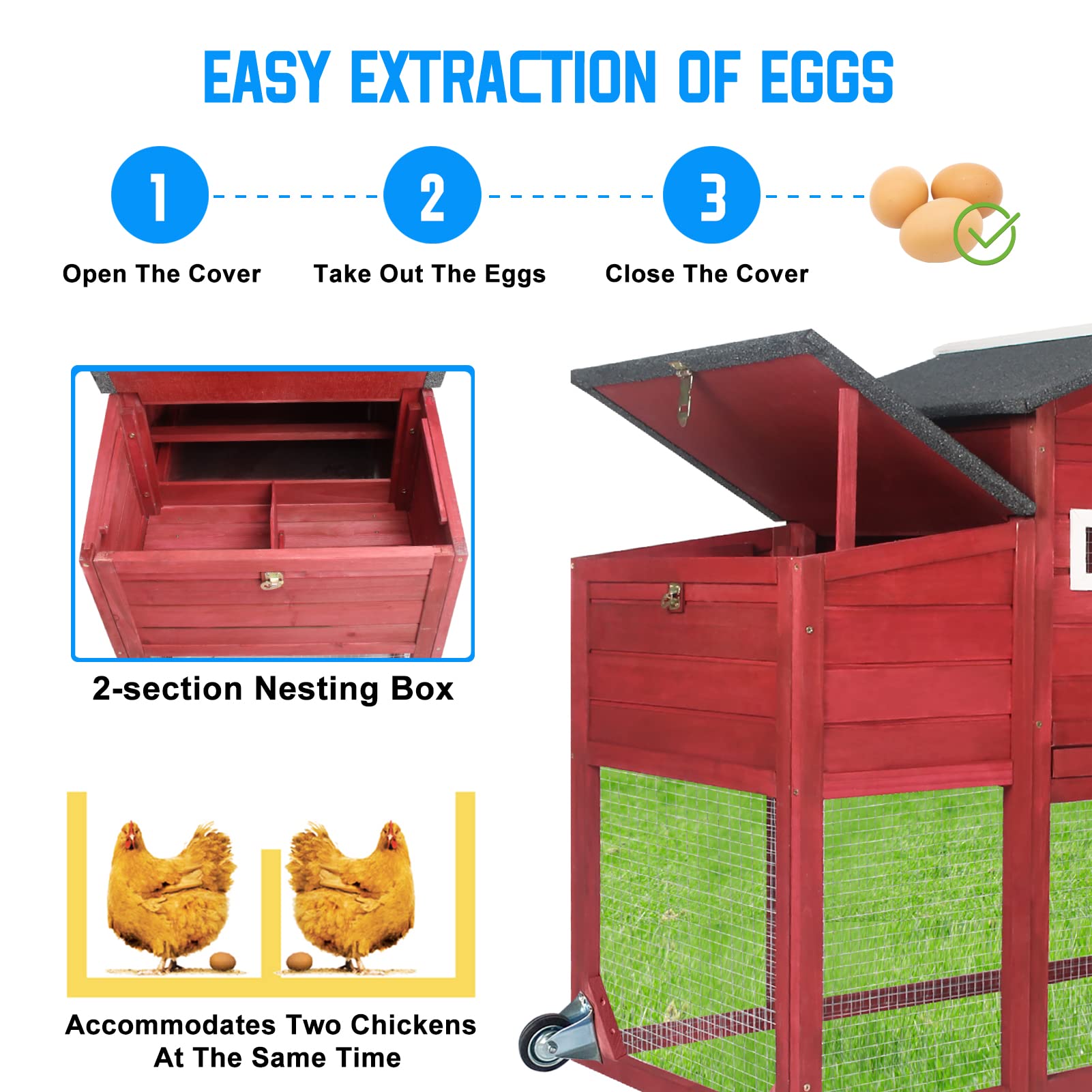 Chicken Coop and Run, Two Story Mobile Rabbit Hutch Indoor Outdoor, Wooden Hen House with Nesting Box Rabbit Cage on Wheels, Ram